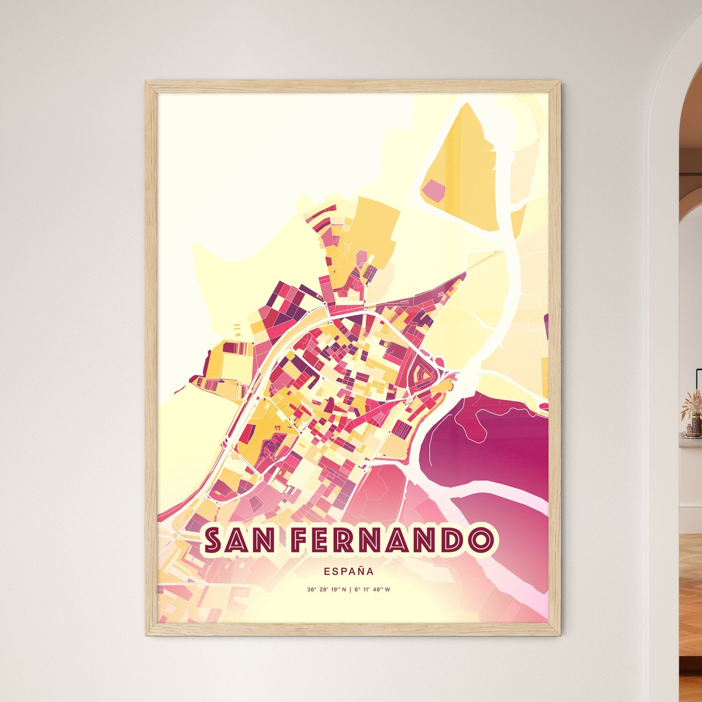 Colorful SAN FERNANDO SPAIN Fine Art Map Hot Red