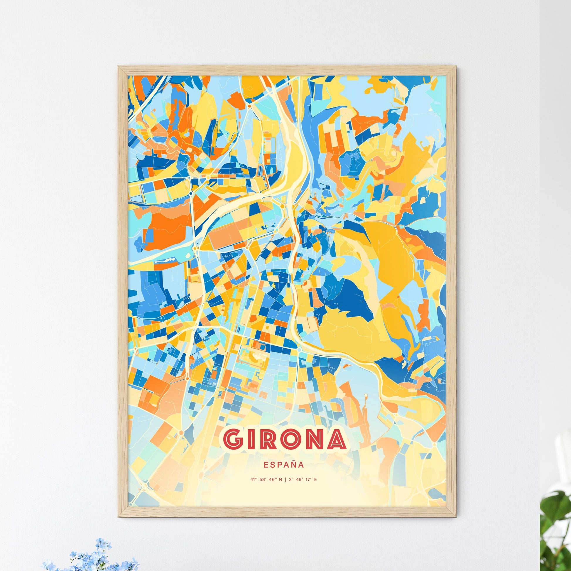 Colorful GIRONA SPAIN Fine Art Map Blue Orange