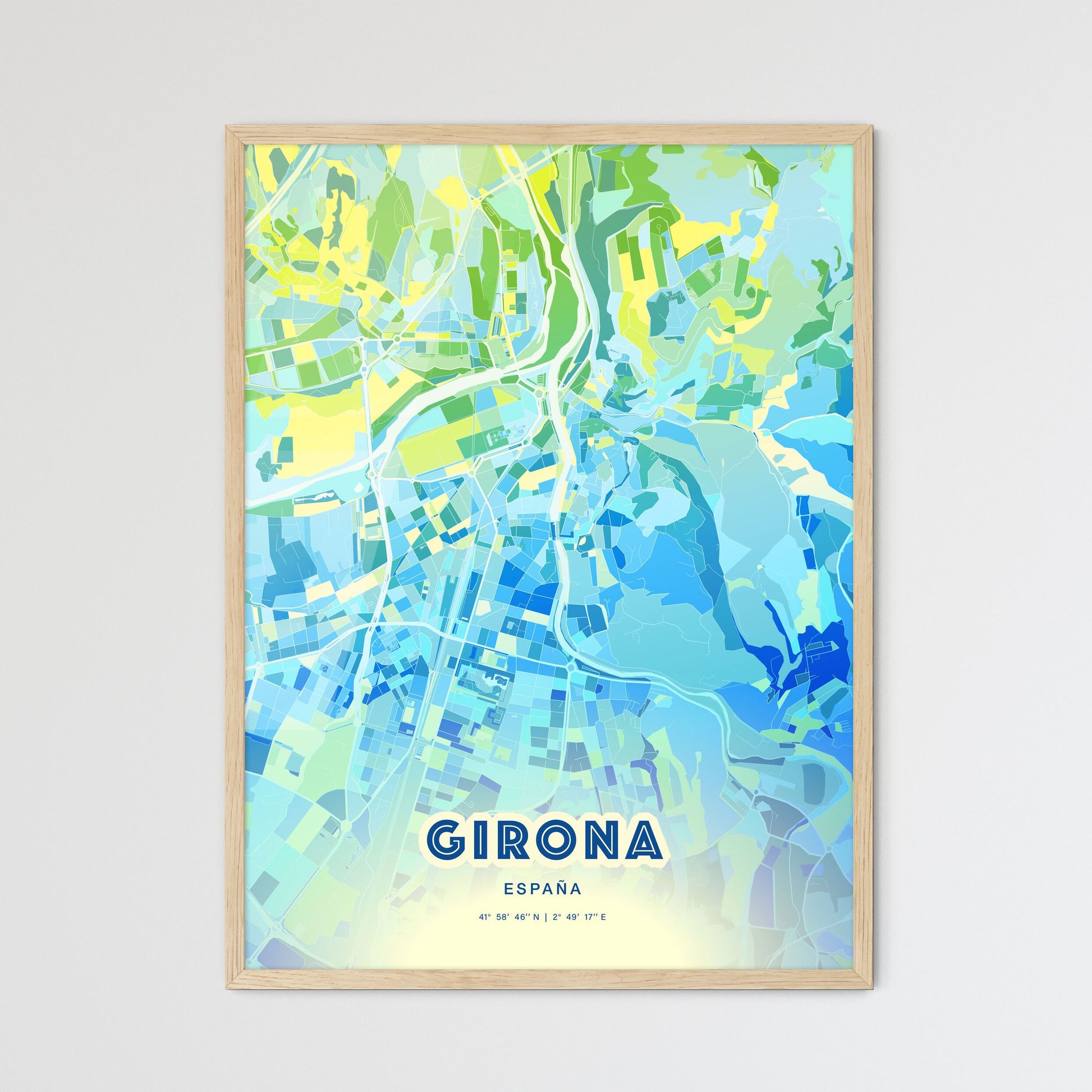 Colorful GIRONA SPAIN Fine Art Map Cool Blue