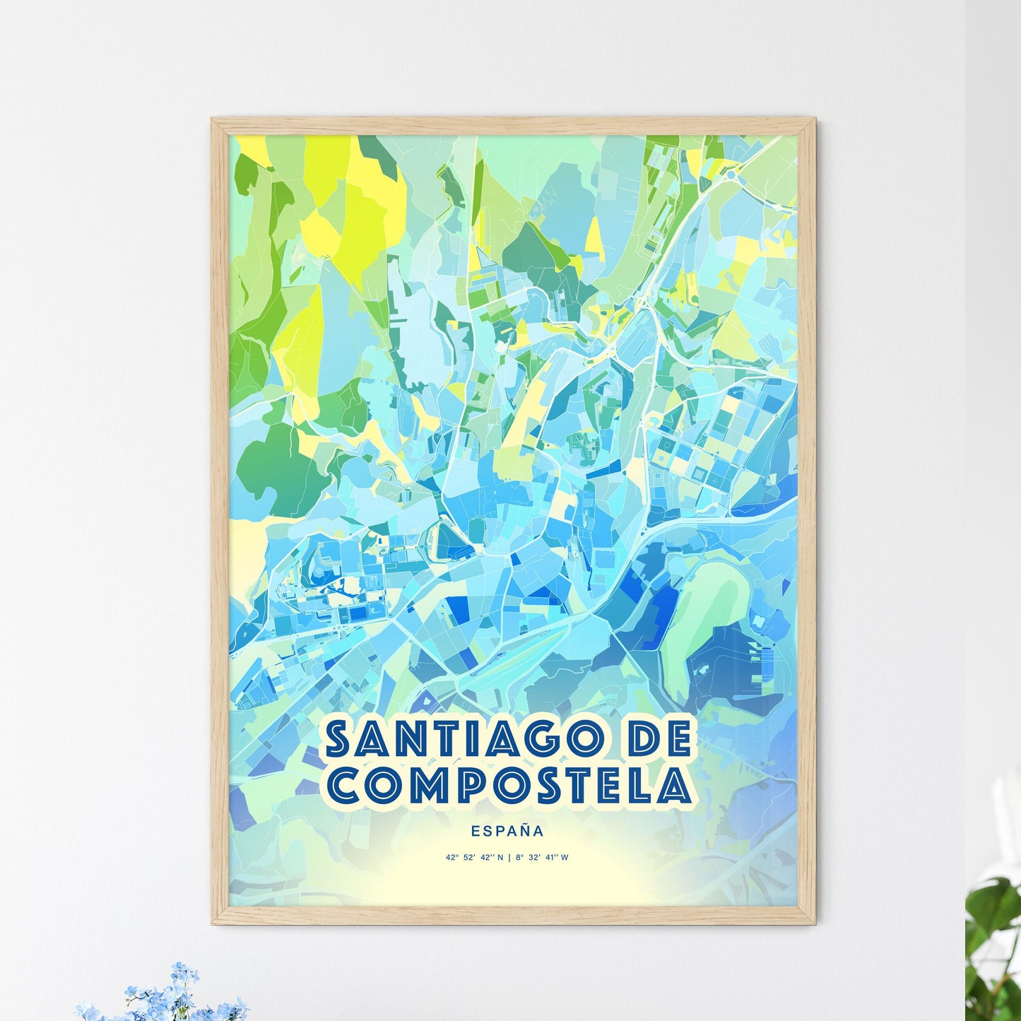 Colorful SANTIAGO DE COMPOSTELA SPAIN Fine Art Map Cool Blue