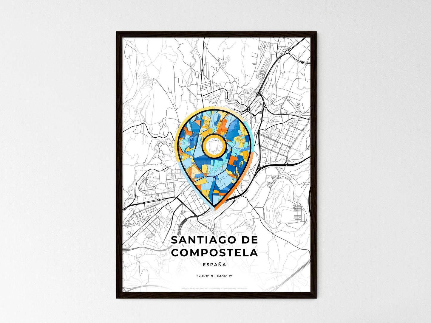 Santiago De Compostela Spain wedding art map with pointer icon
