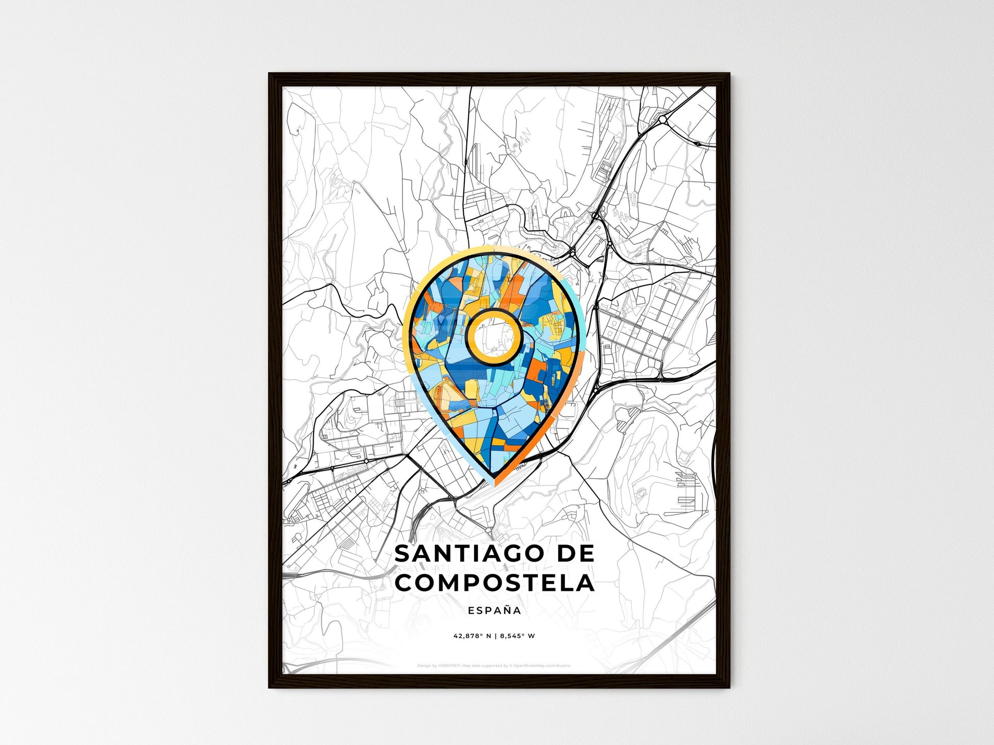 Santiago De Compostela Spain wedding art map with pointer icon