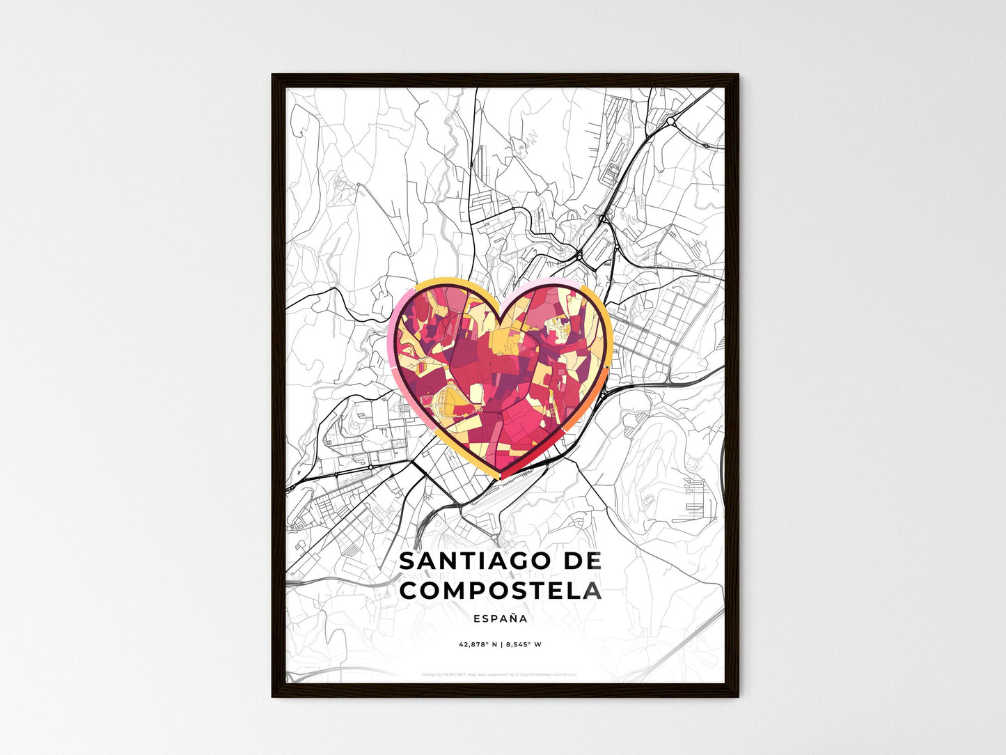 Santiago De Compostela Spain wedding art map with heart icon