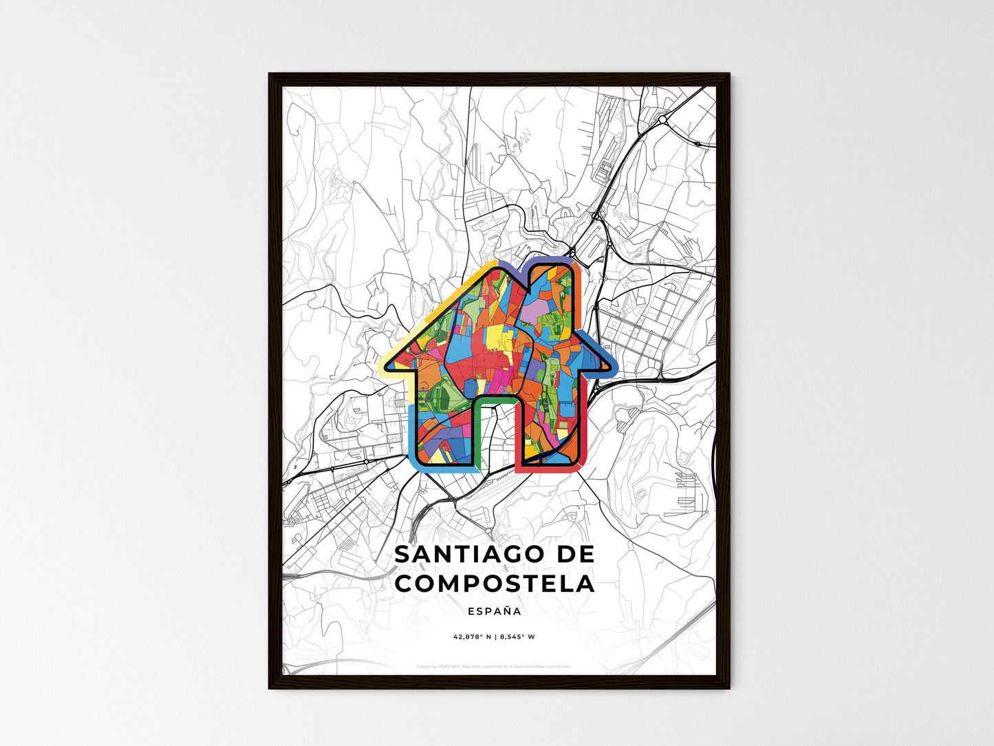 Santiago De Compostela Spain wedding art map with home icon