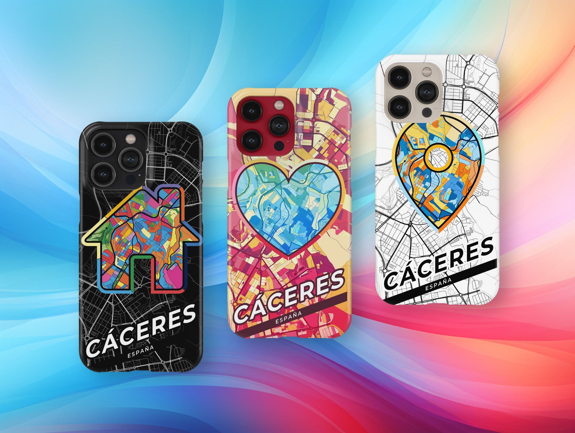Cáceres Spain slim phone case with colorful icon. Birthday, wedding or housewarming gift. Couple match cases.