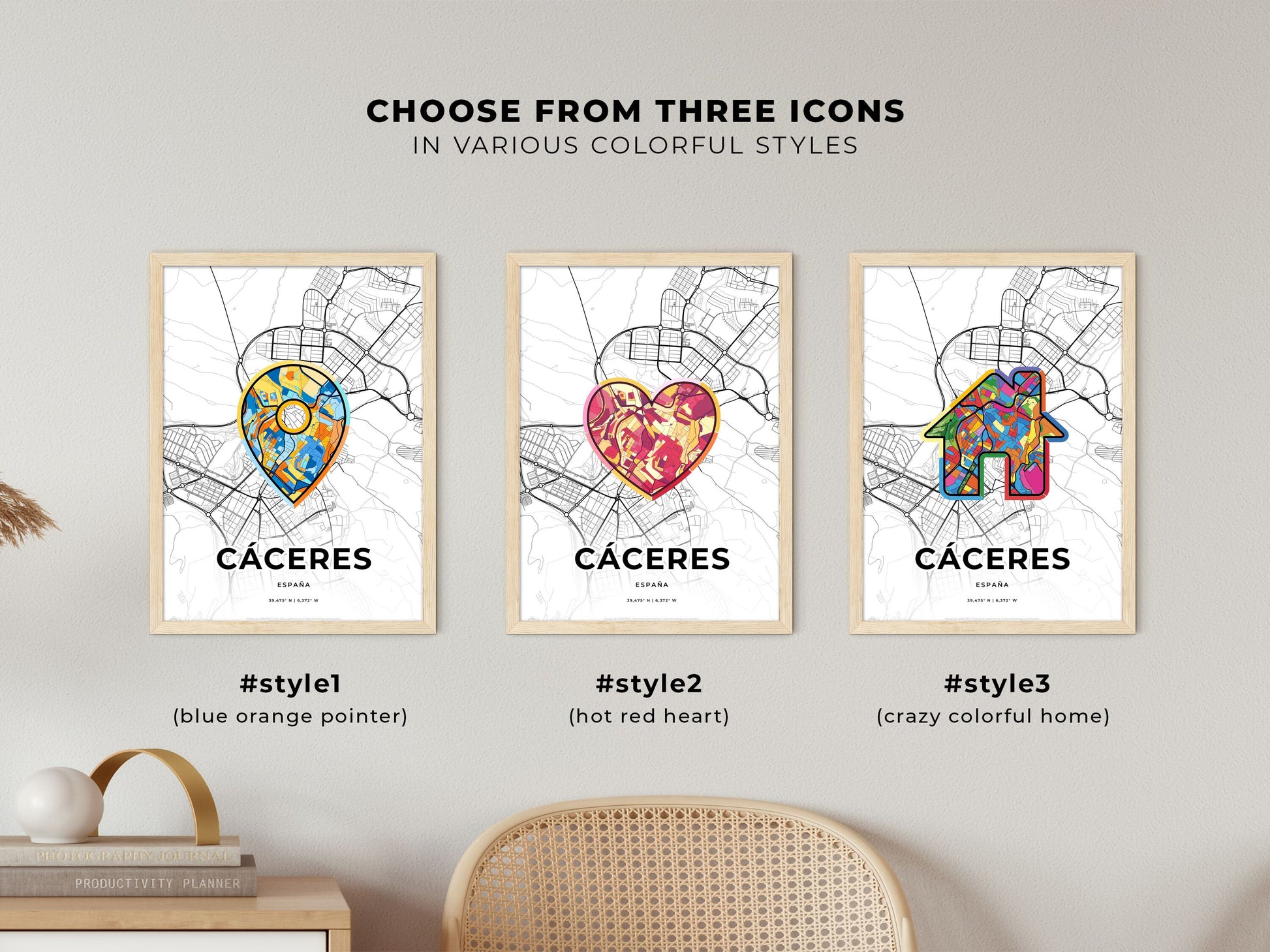 Cáceres Spain maps with colorful icons
