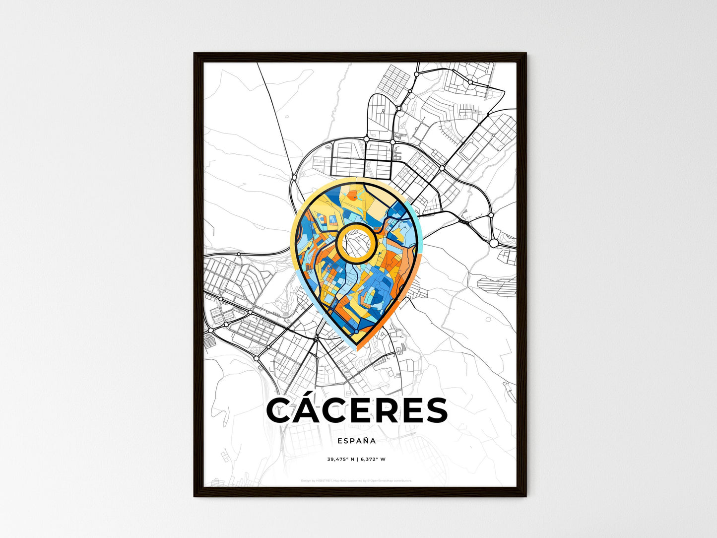 Cáceres Spain wedding art map with pointer icon