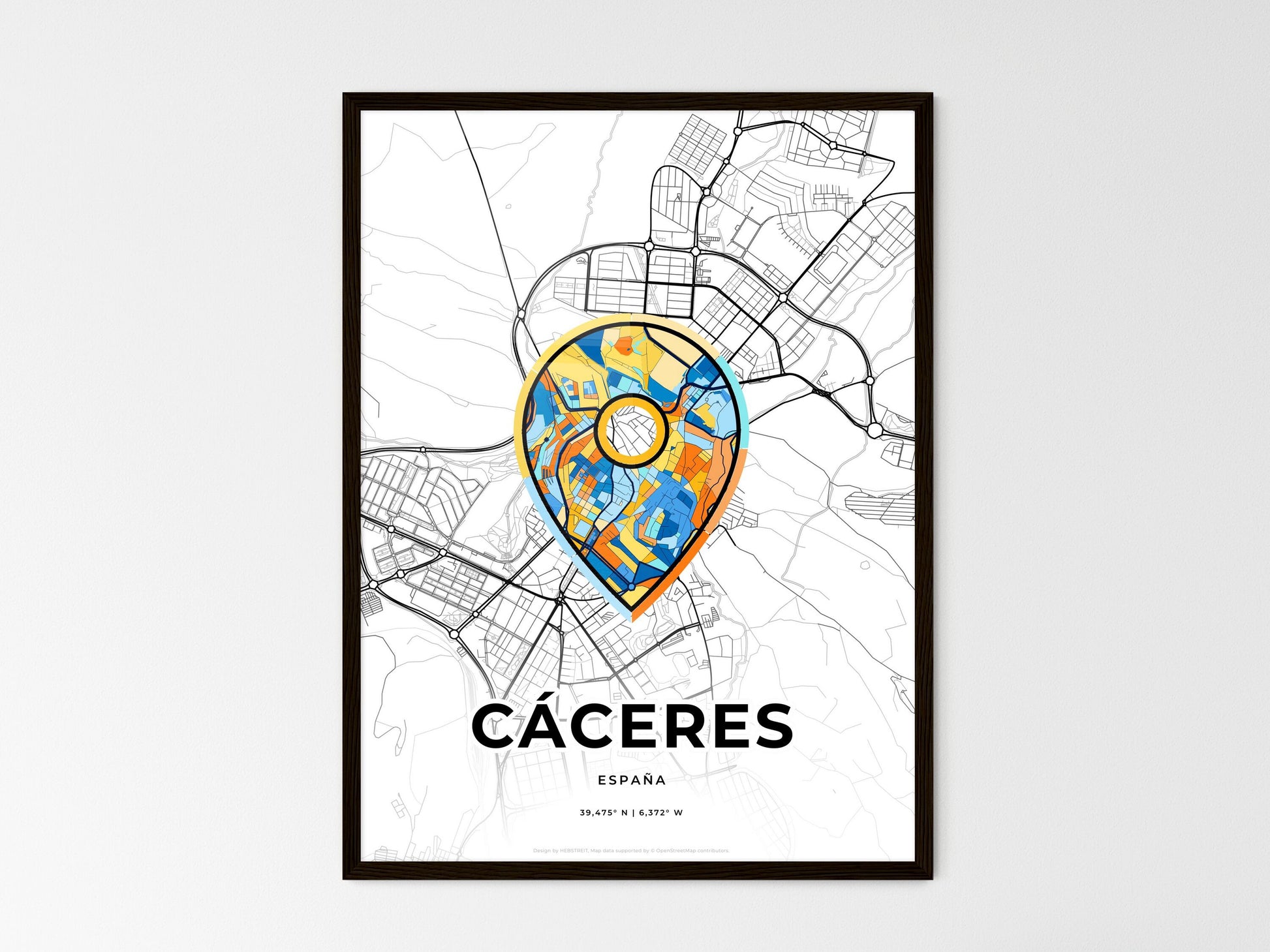 Cáceres Spain wedding art map with pointer icon