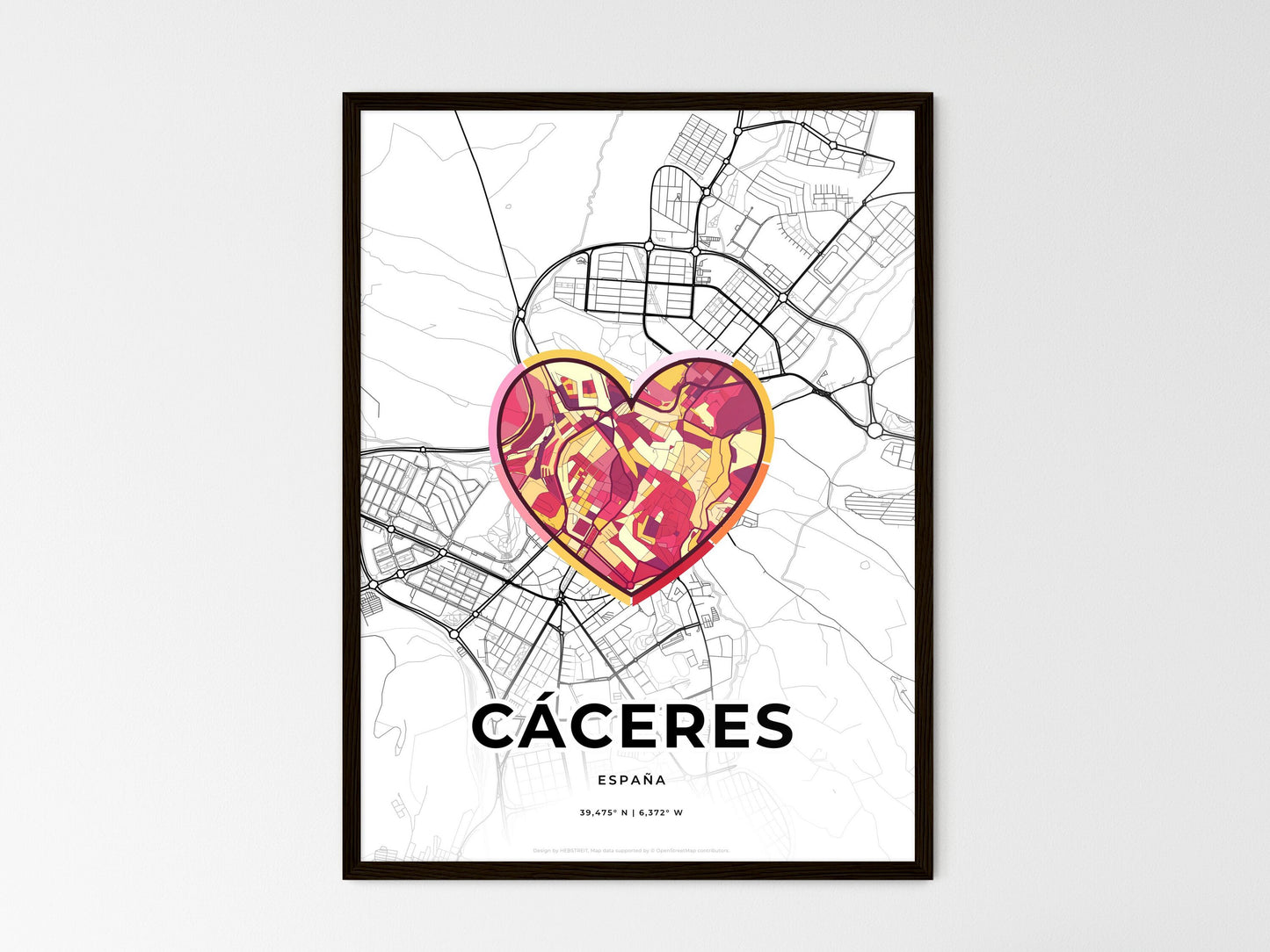 Cáceres Spain wedding art map with heart icon