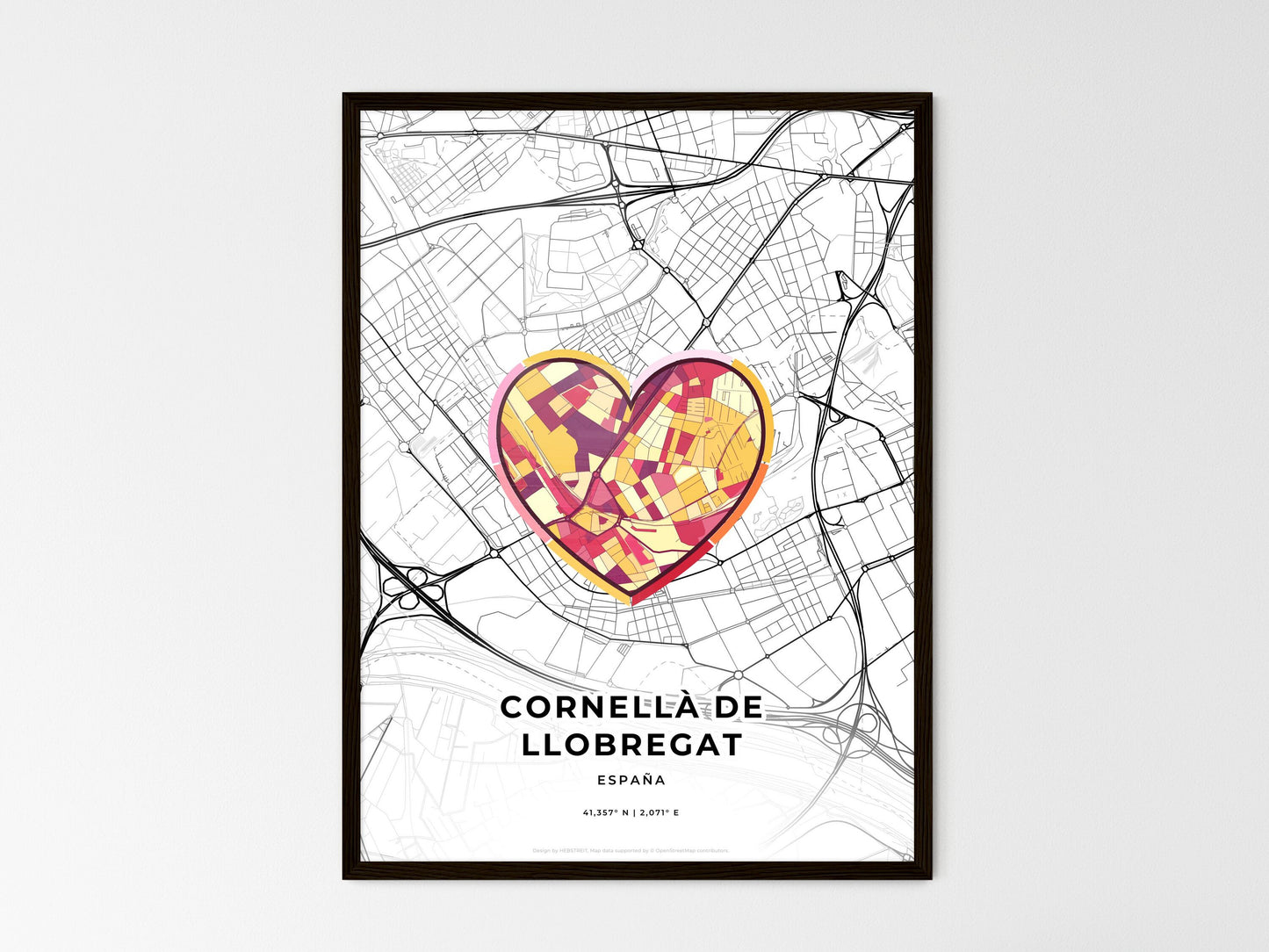 Cornellà De Llobregat Spain wedding art map with heart icon