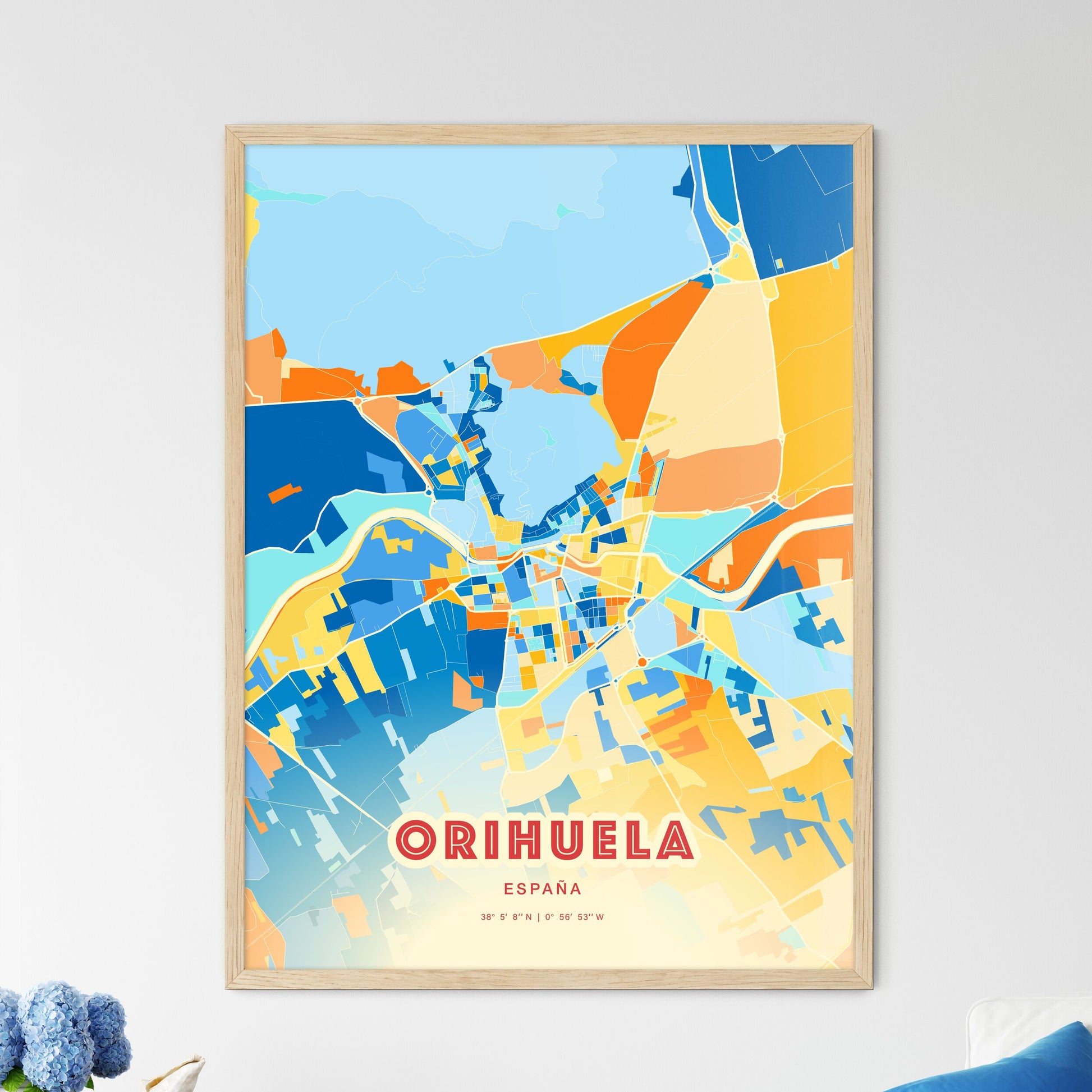 Colorful ORIHUELA SPAIN Fine Art Map Blue Orange