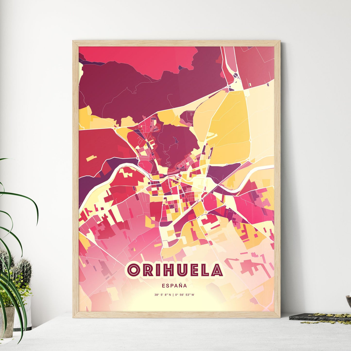 Colorful ORIHUELA SPAIN Fine Art Map Hot Red