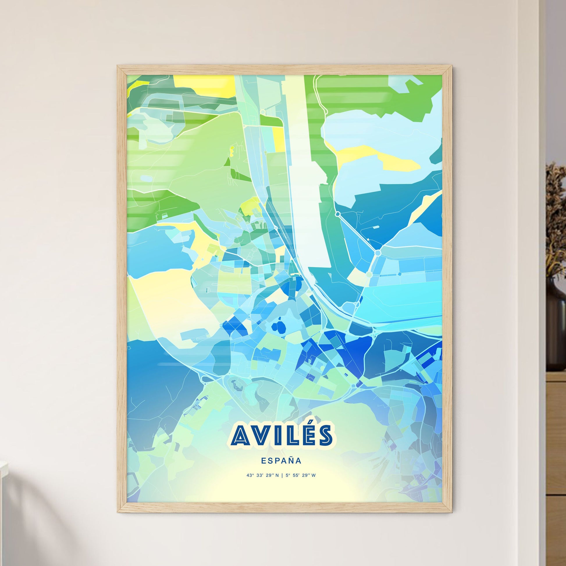 Colorful AVILÉS SPAIN Fine Art Map Cool Blue