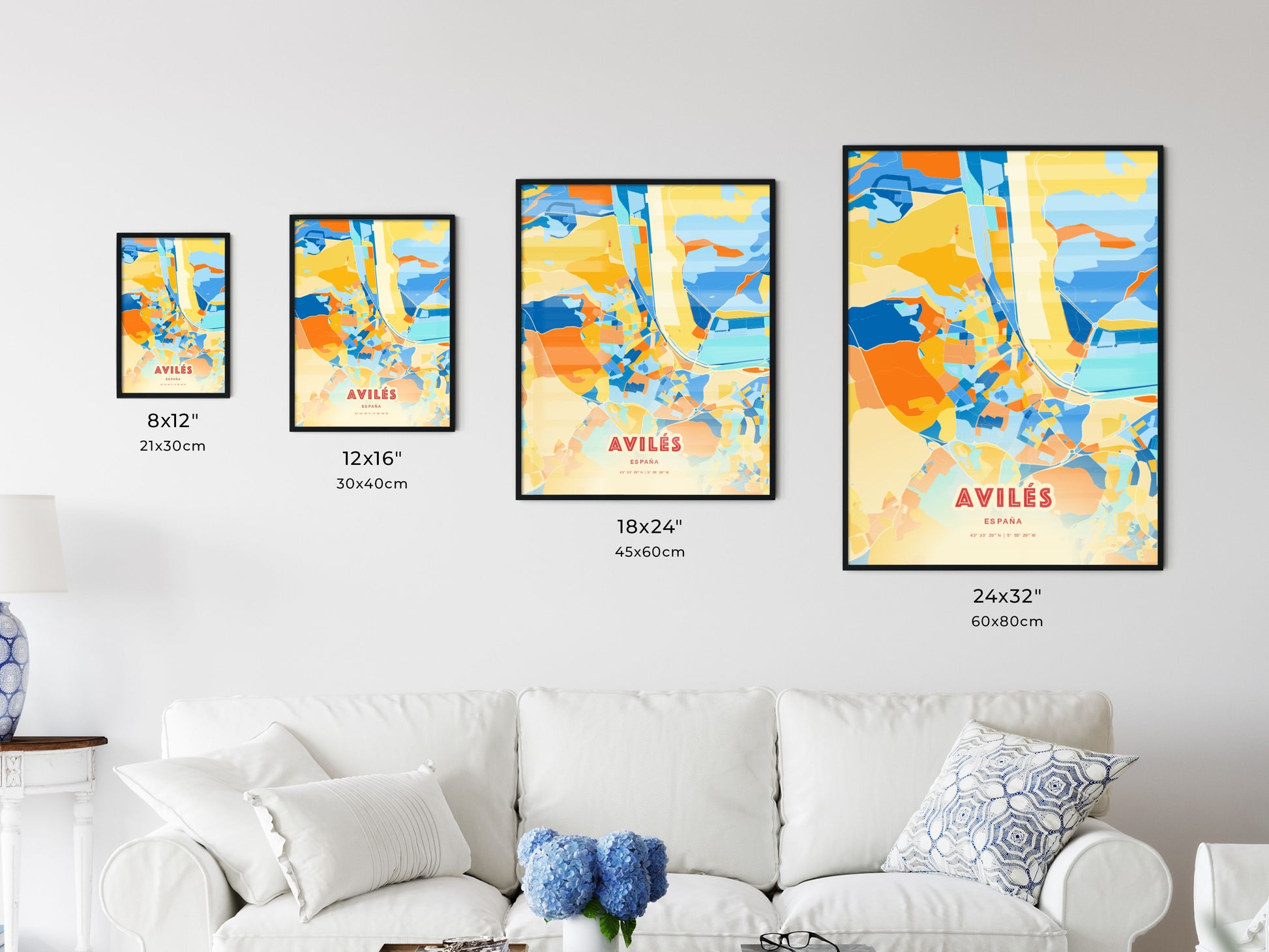 Colorful AVILÉS SPAIN Fine Art Map Blue Orange