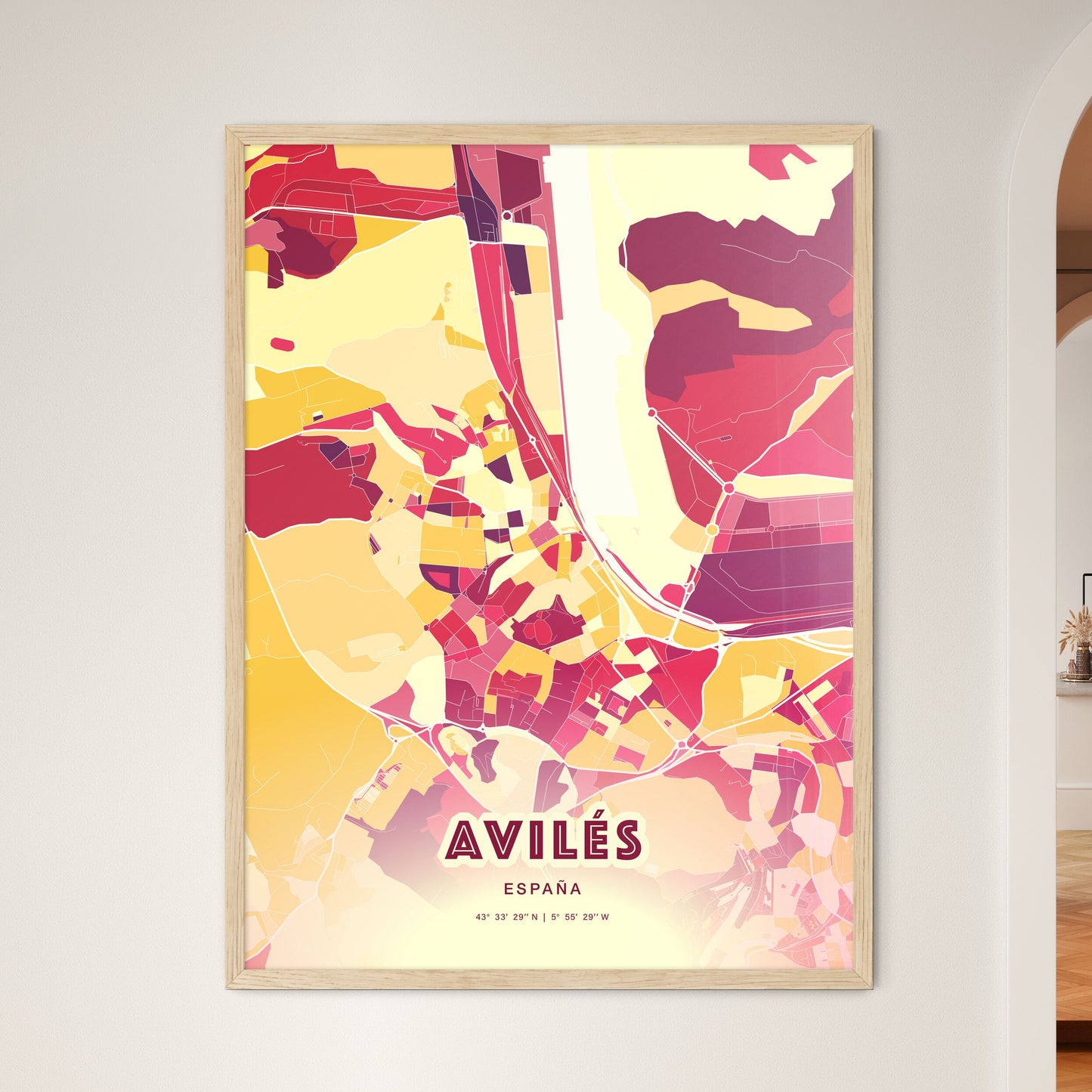 Colorful AVILÉS SPAIN Fine Art Map Hot Red