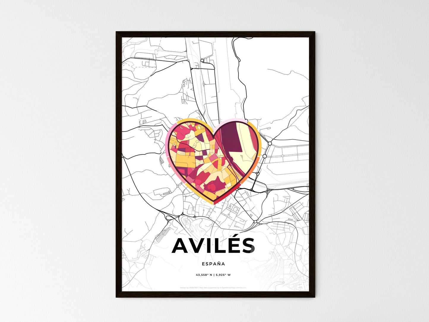 Avilés Spain wedding art map with heart icon