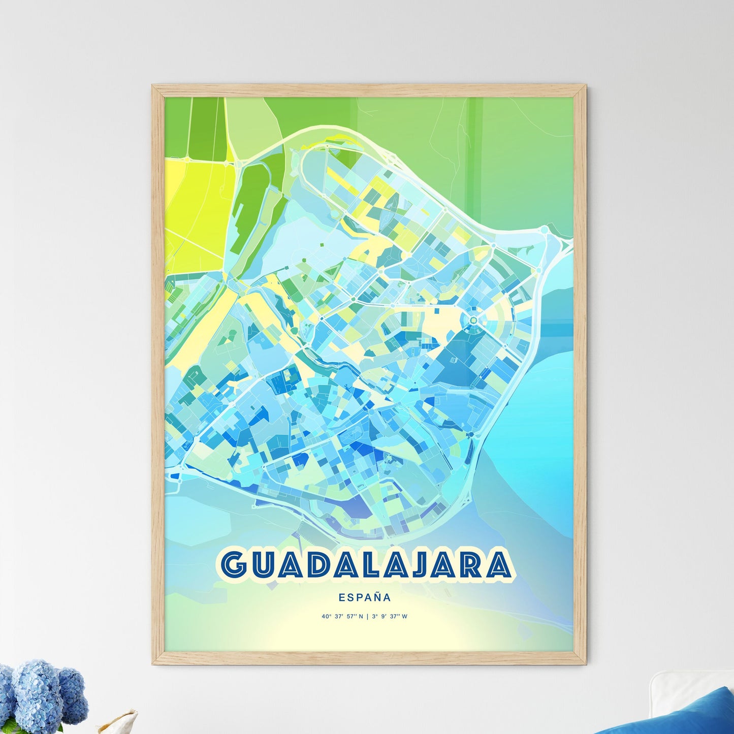 Colorful GUADALAJARA SPAIN Fine Art Map Cool Blue