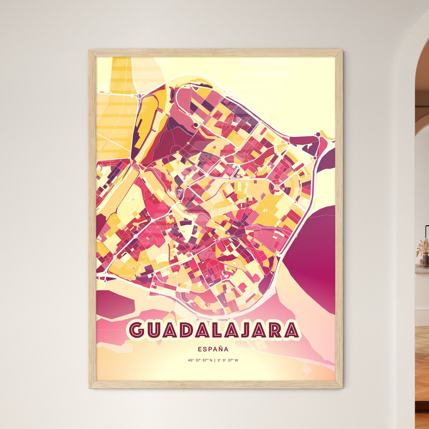 Colorful GUADALAJARA SPAIN Fine Art Map Hot Red