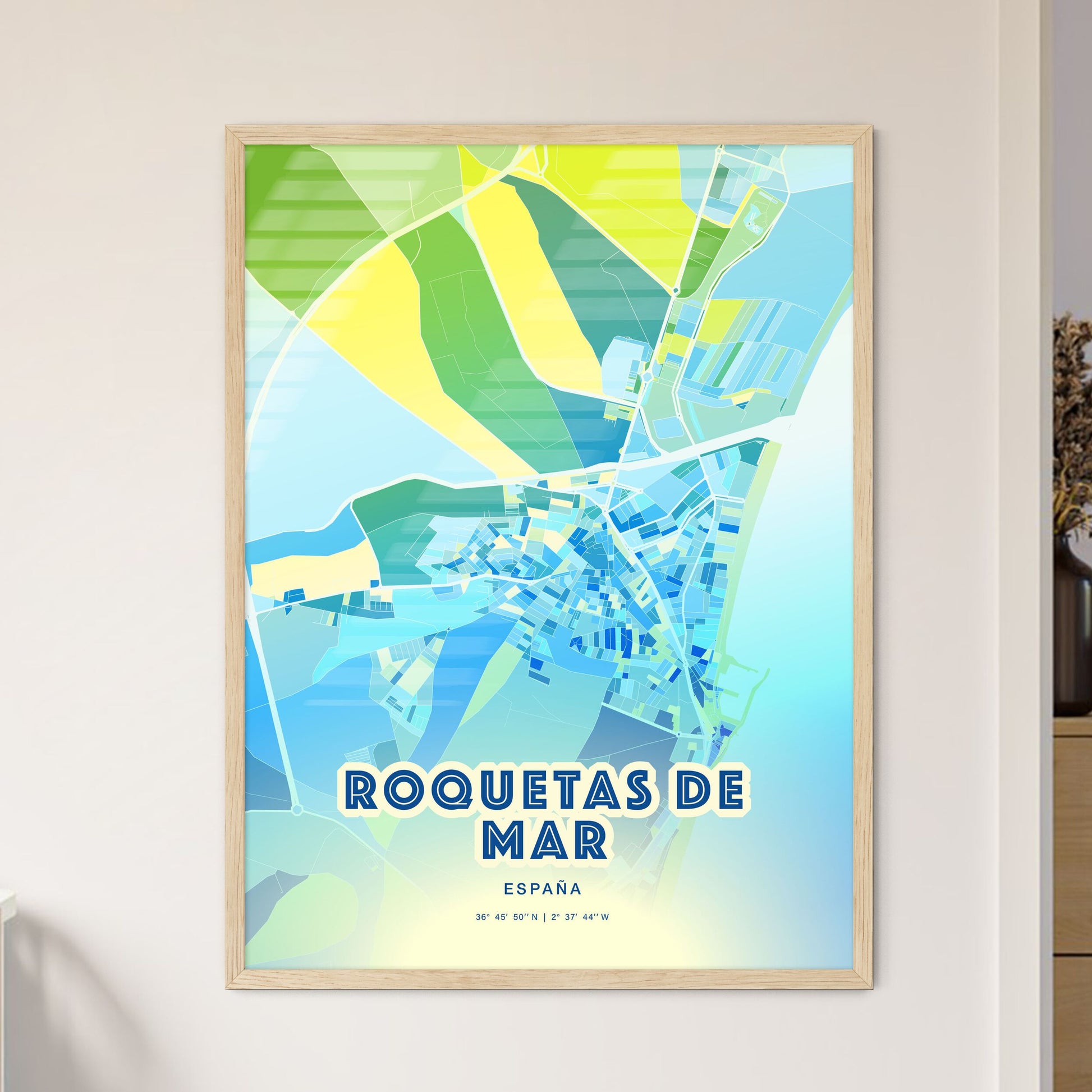 Colorful ROQUETAS DE MAR SPAIN Fine Art Map Cool Blue