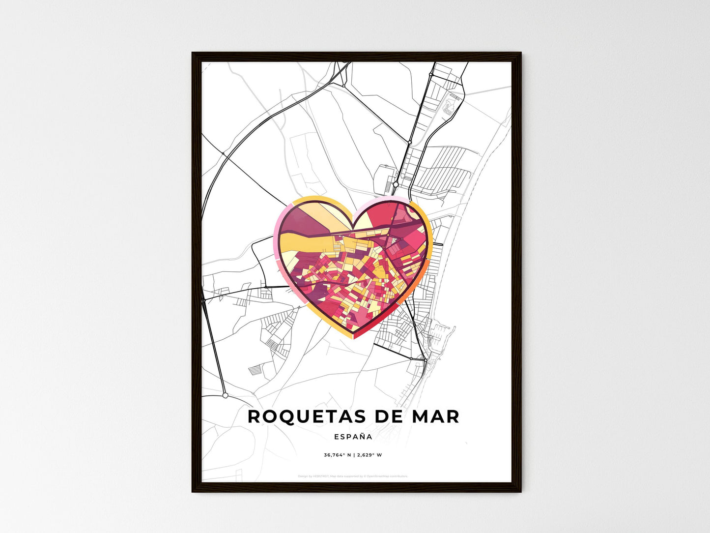 Roquetas De Mar Spain wedding art map with heart icon