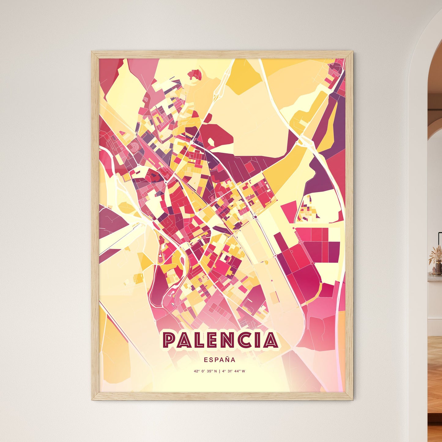 Colorful PALENCIA SPAIN Fine Art Map Hot Red