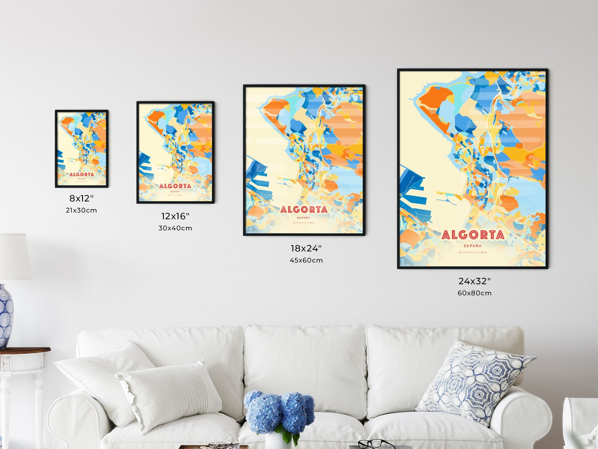 Colorful ALGORTA SPAIN Fine Art Map Blue Orange