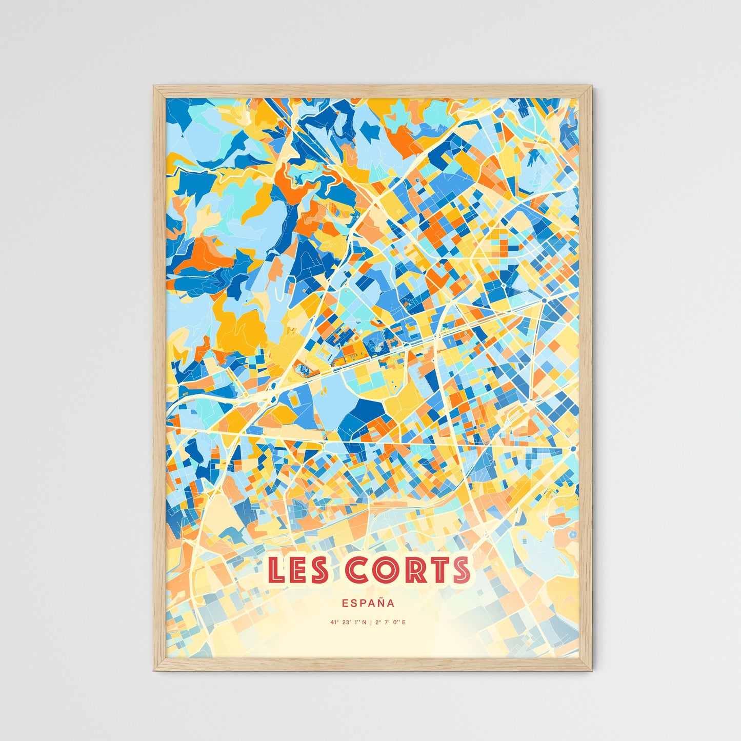 Colorful LES CORTS SPAIN Fine Art Map Blue Orange