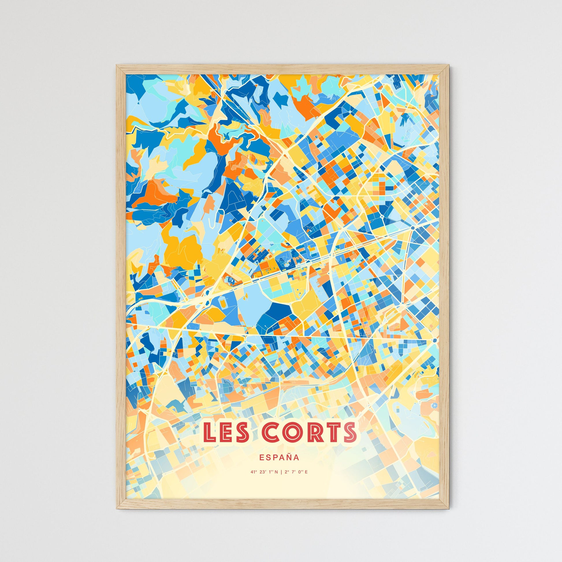 Colorful LES CORTS SPAIN Fine Art Map Blue Orange