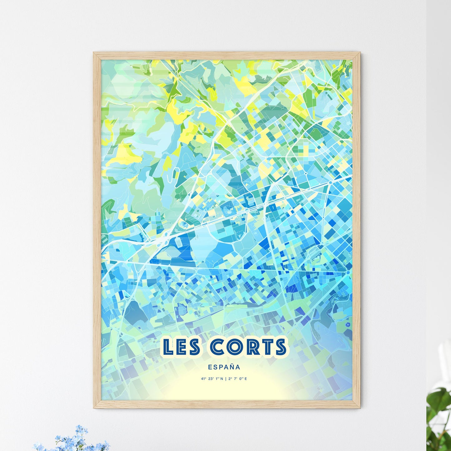Colorful LES CORTS SPAIN Fine Art Map Cool Blue