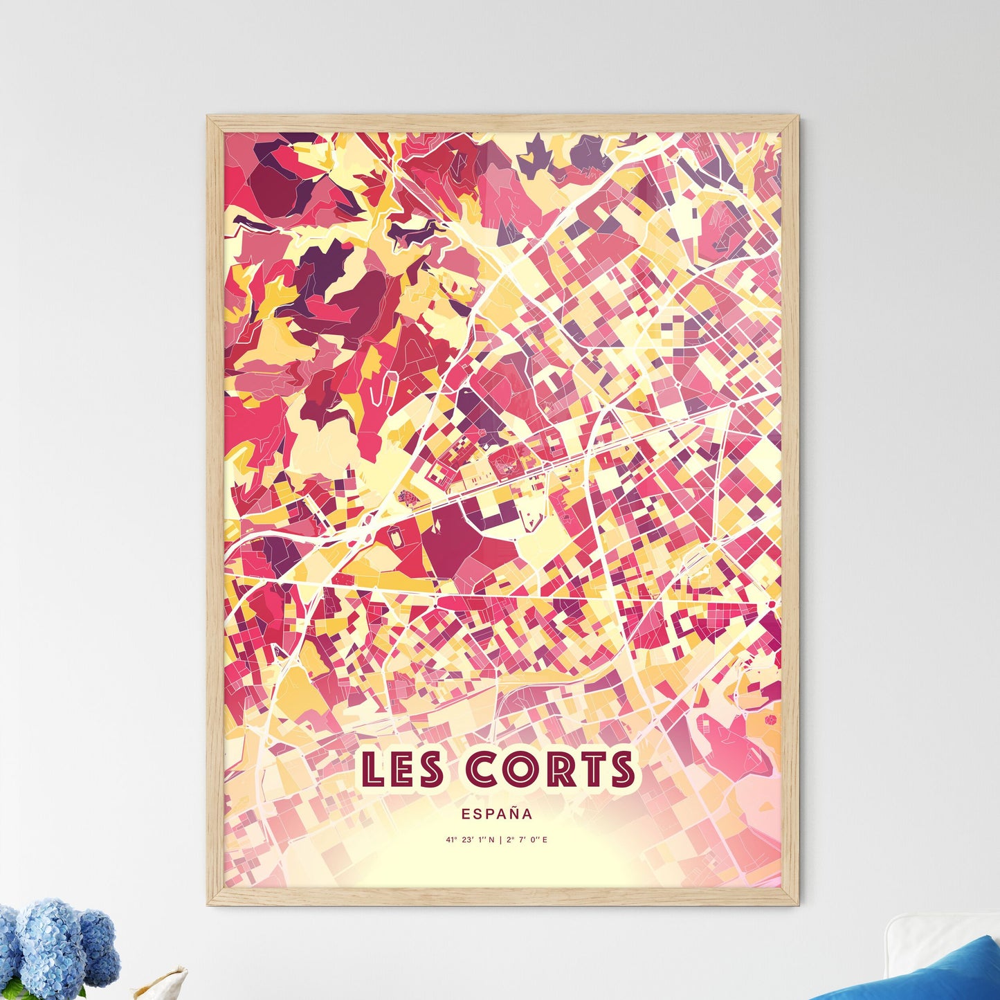 Colorful LES CORTS SPAIN Fine Art Map Hot Red