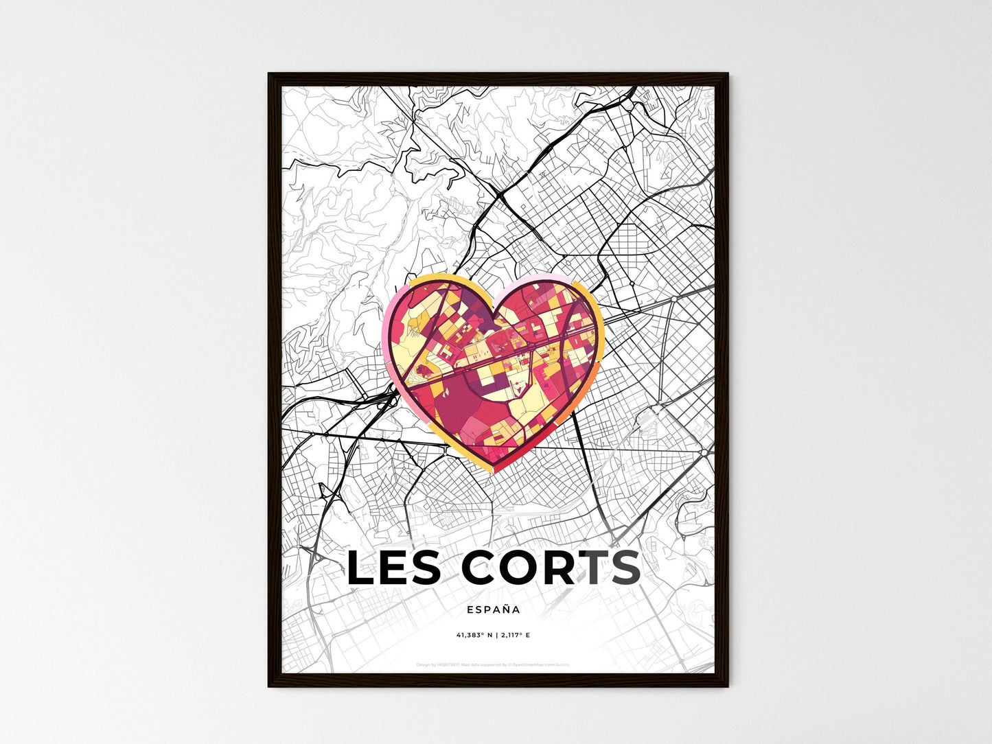 Les Corts Spain wedding art map with heart icon