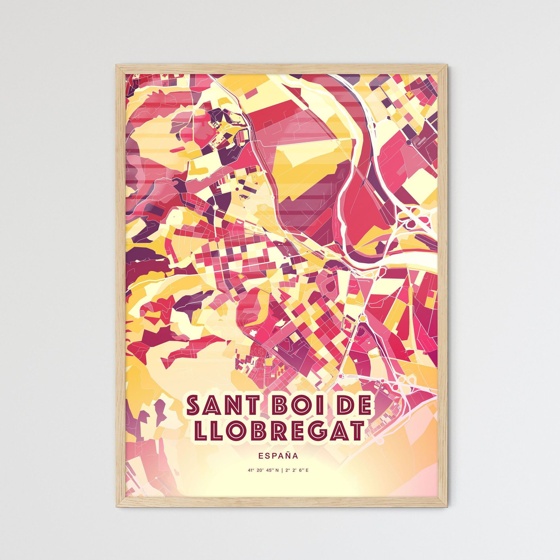 Colorful SANT BOI DE LLOBREGAT SPAIN Fine Art Map Hot Red