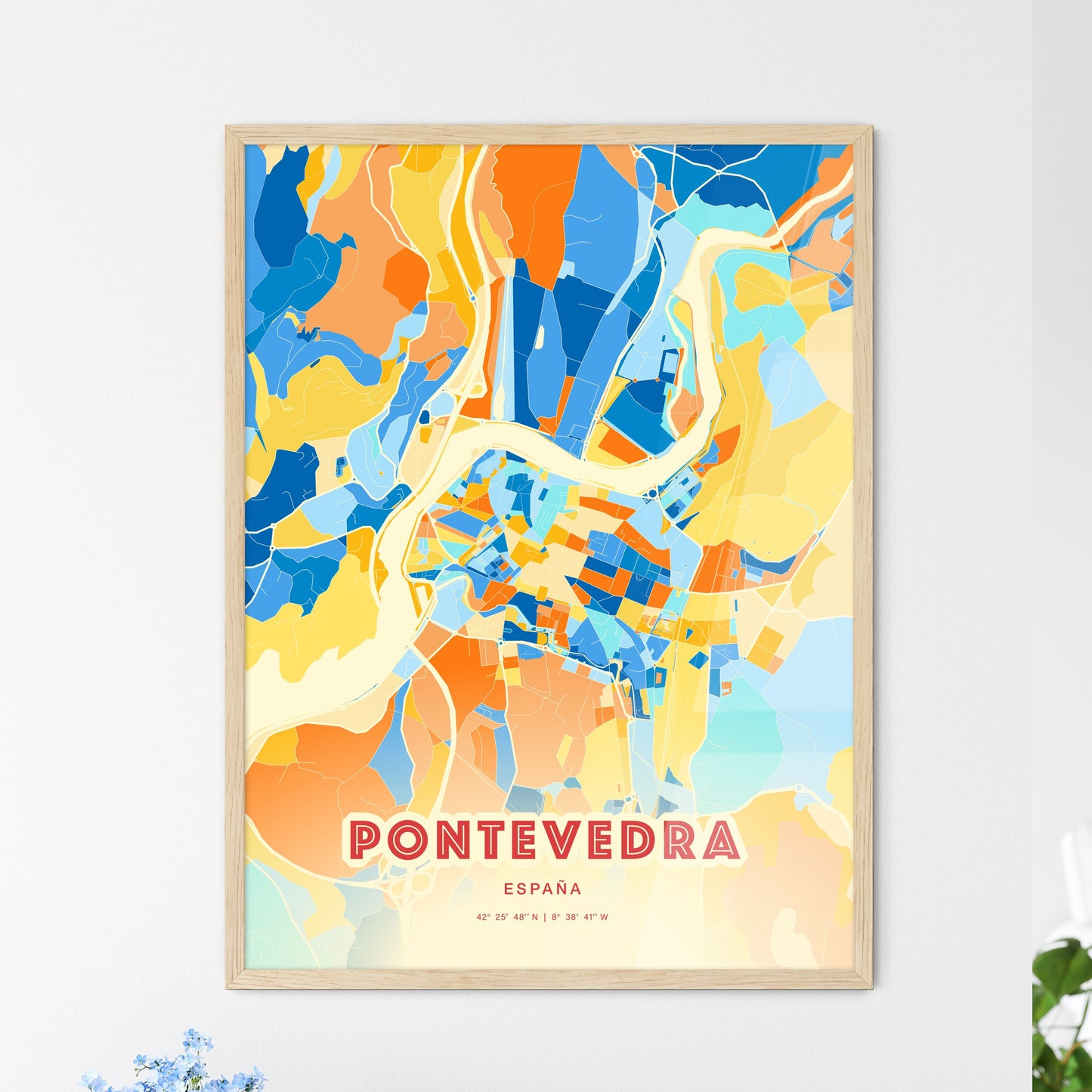 Colorful PONTEVEDRA SPAIN Fine Art Map Blue Orange