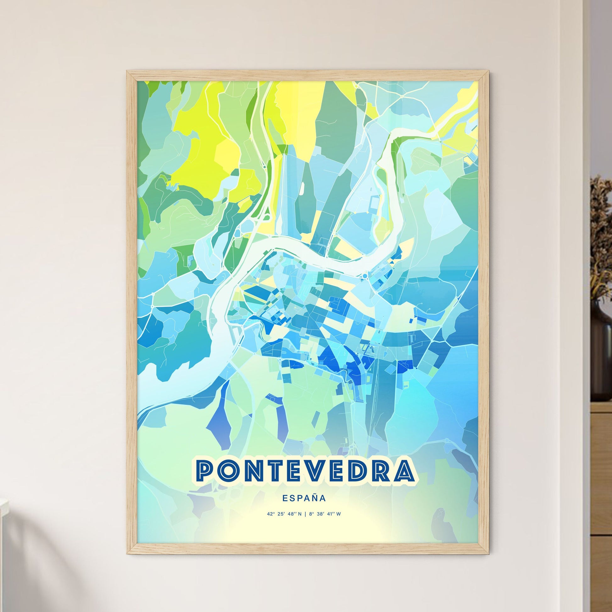 Colorful PONTEVEDRA SPAIN Fine Art Map Cool Blue