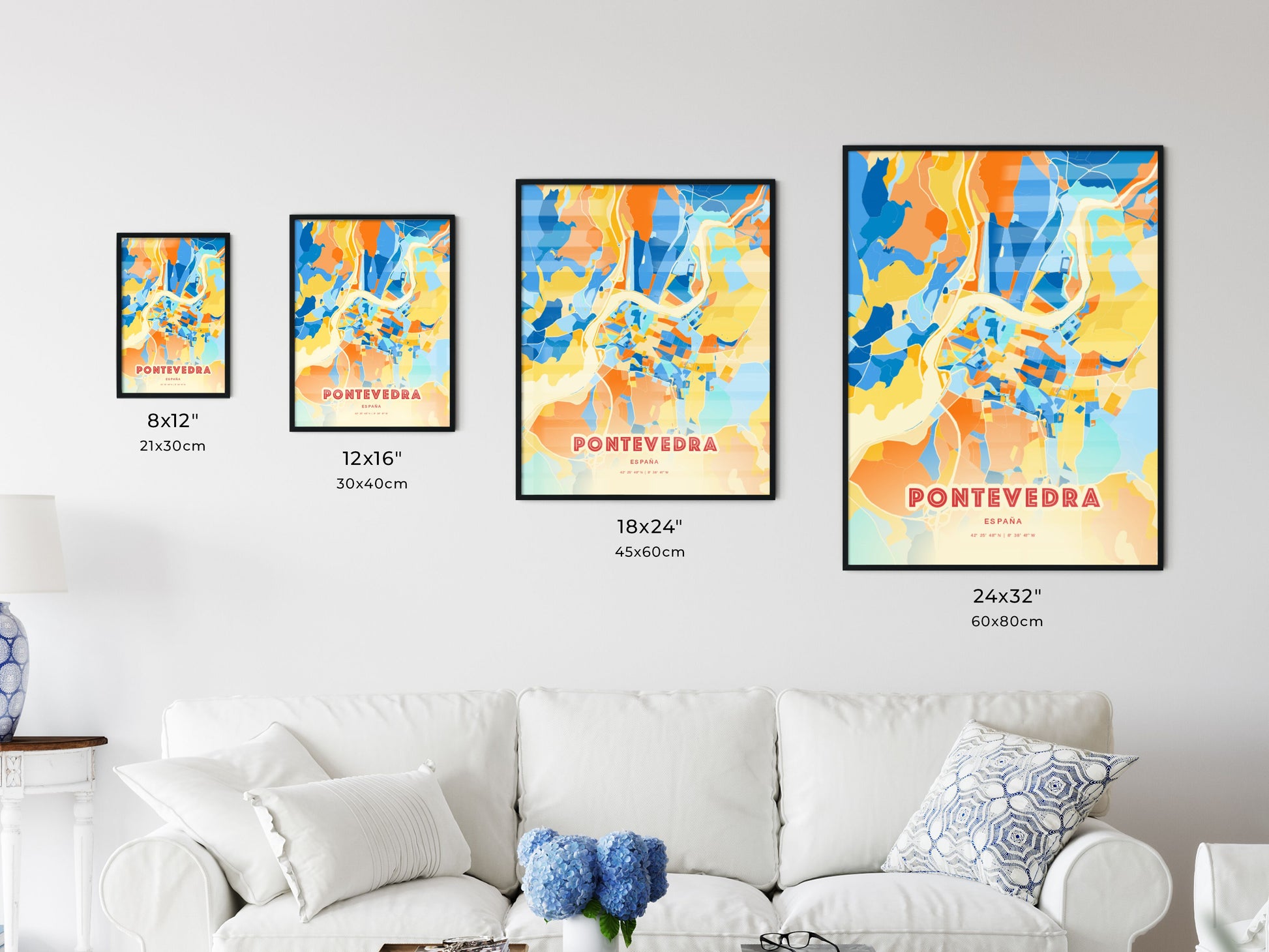 Colorful PONTEVEDRA SPAIN Fine Art Map Blue Orange