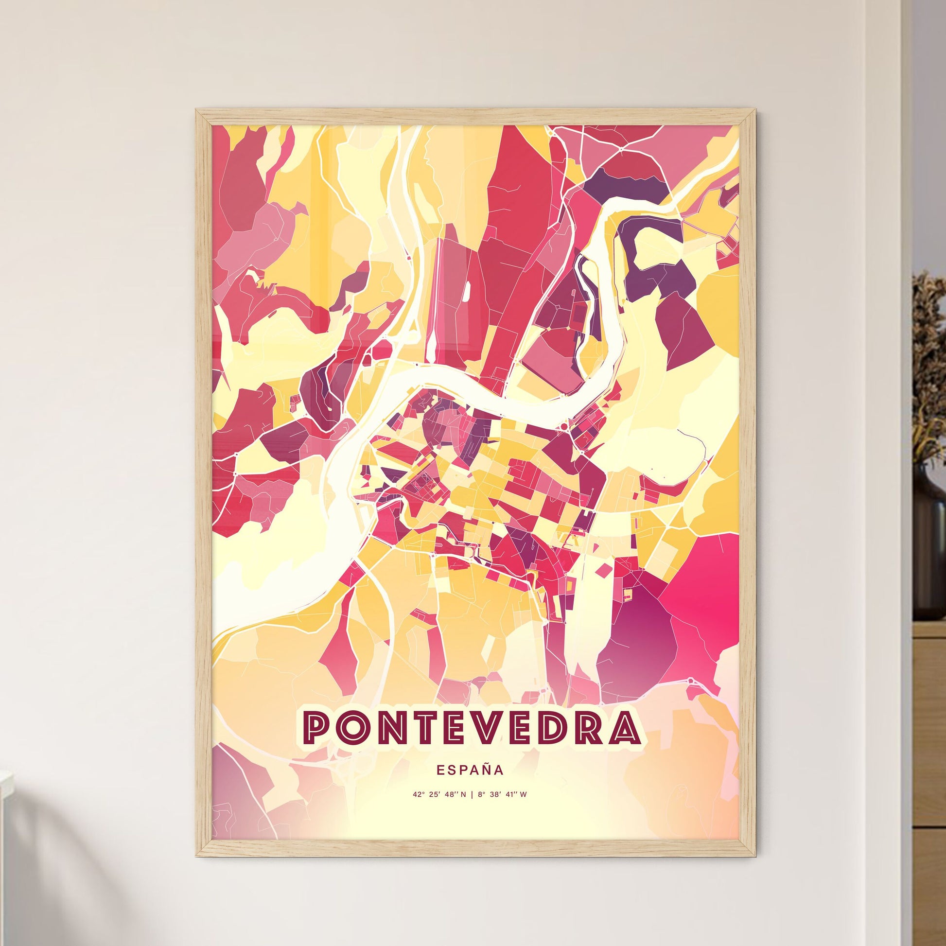 Colorful PONTEVEDRA SPAIN Fine Art Map Hot Red