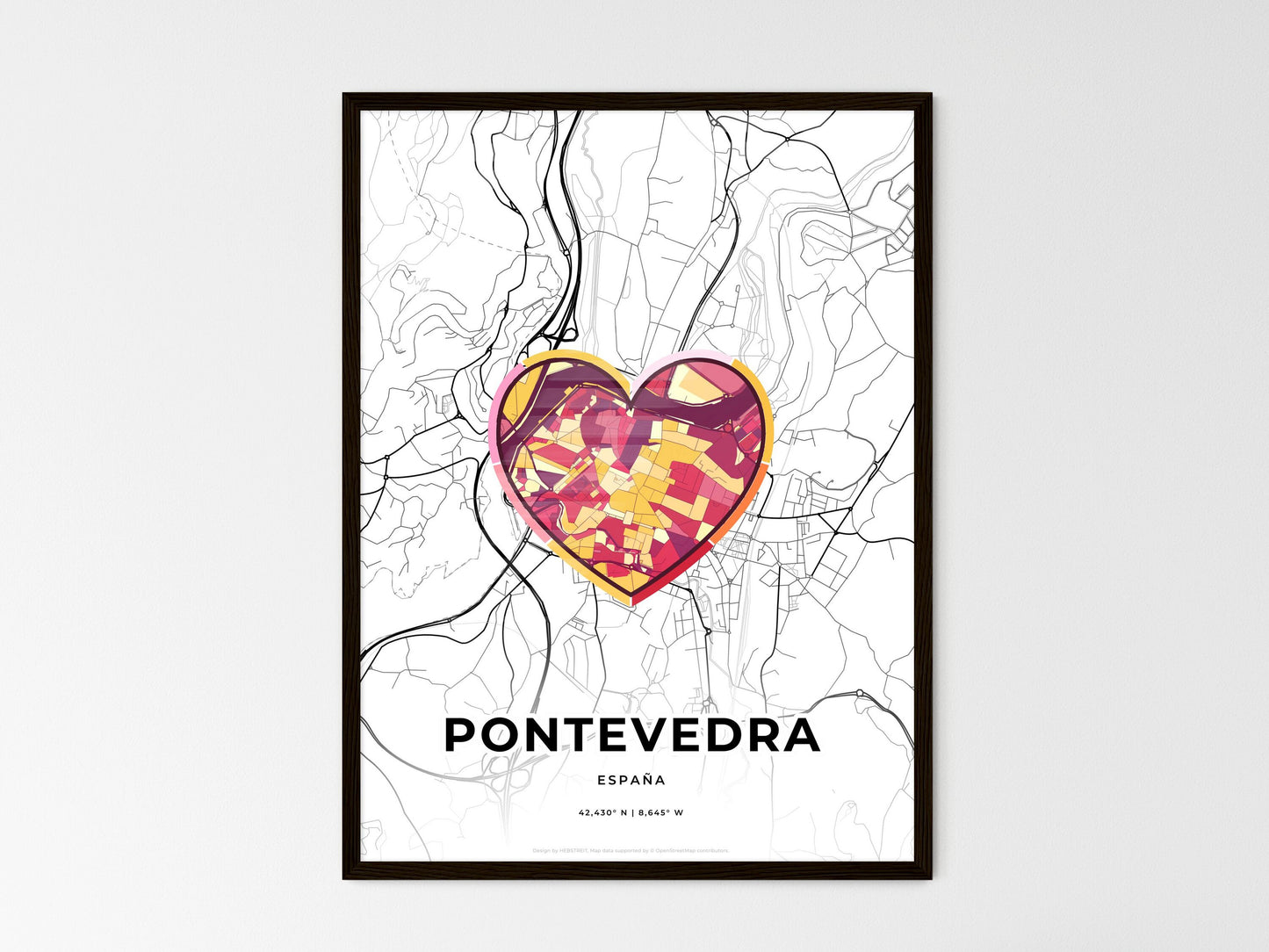 Pontevedra Spain wedding art map with heart icon