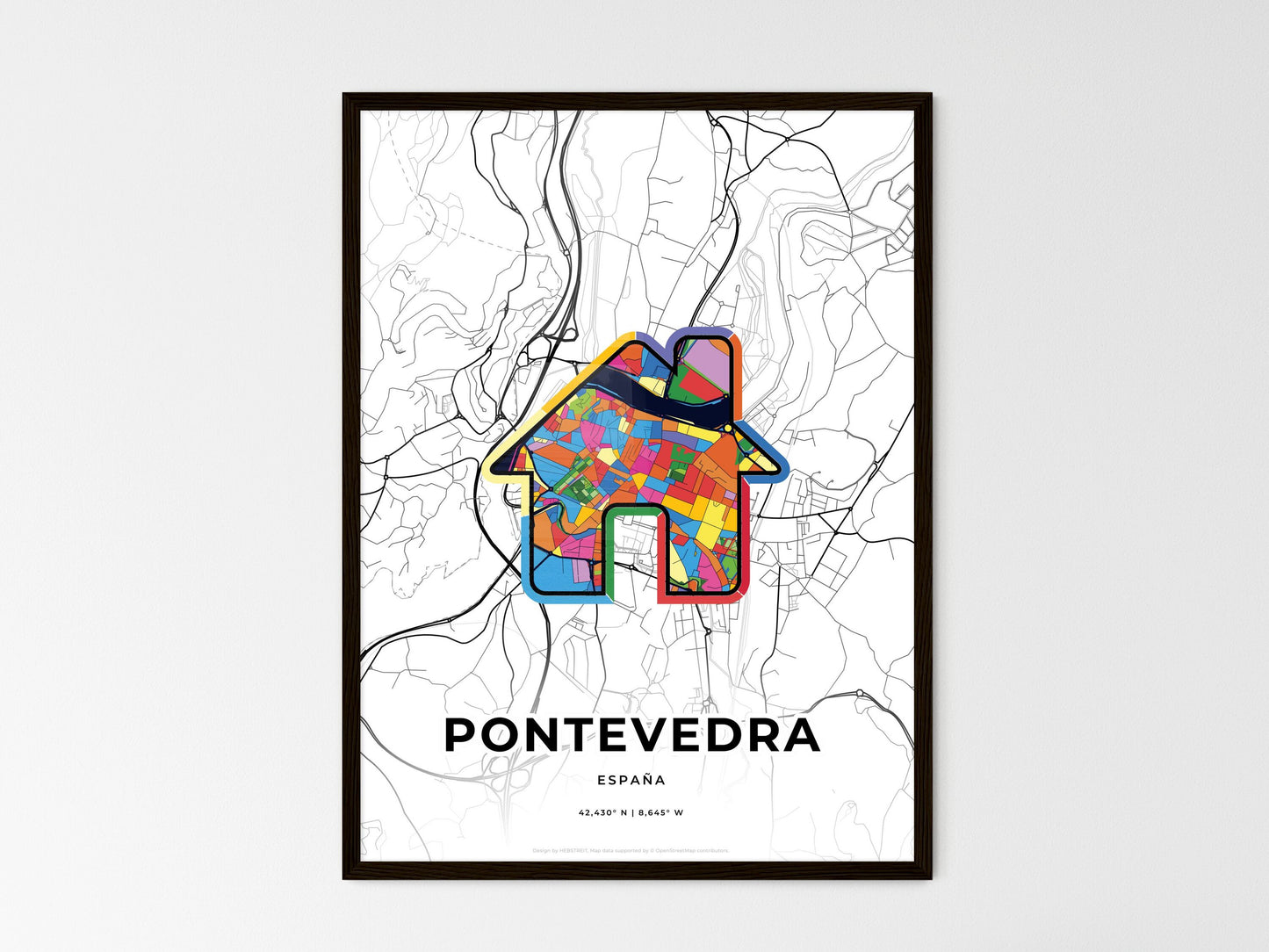 Pontevedra Spain wedding art map with home icon