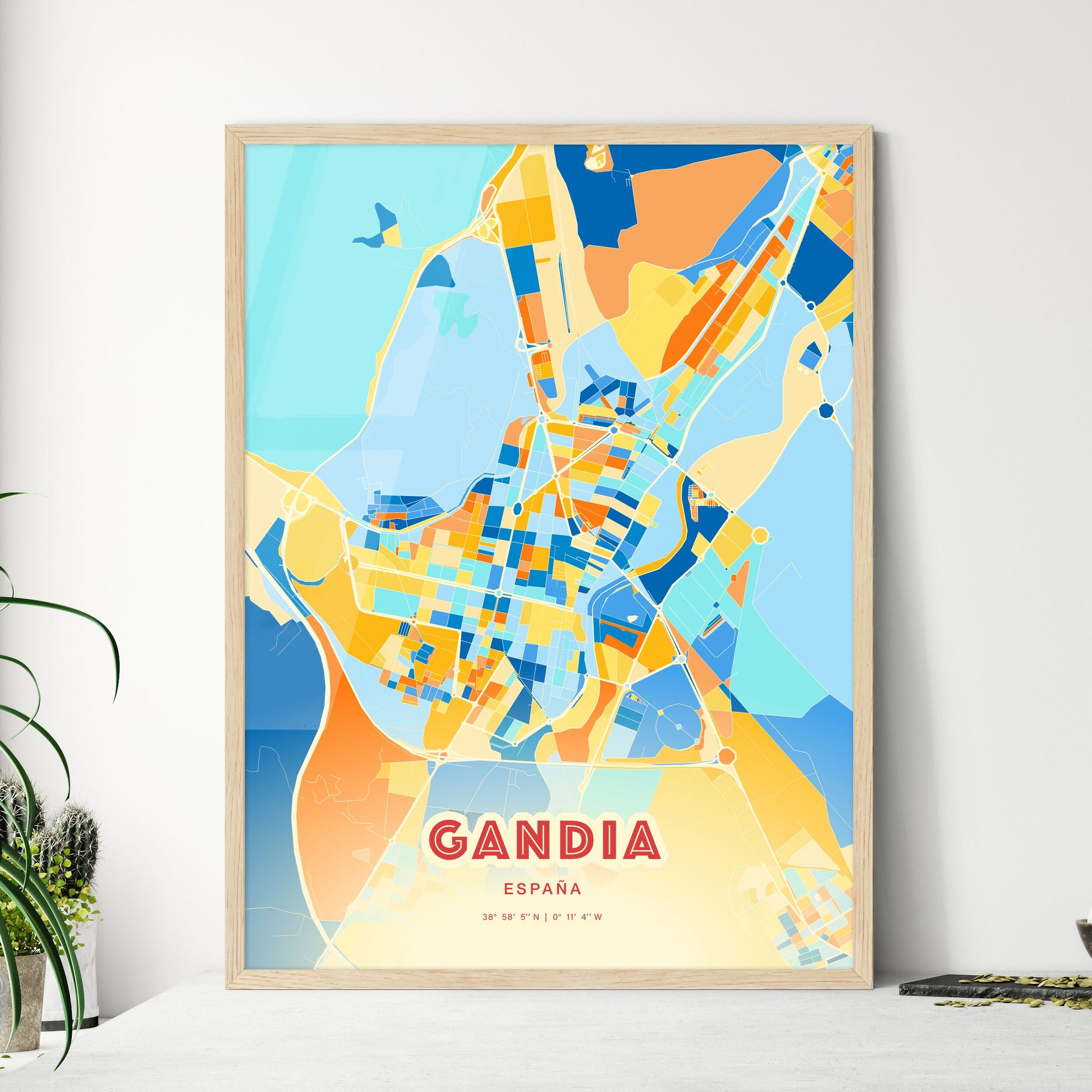 Colorful GANDIA SPAIN Fine Art Map Blue Orange