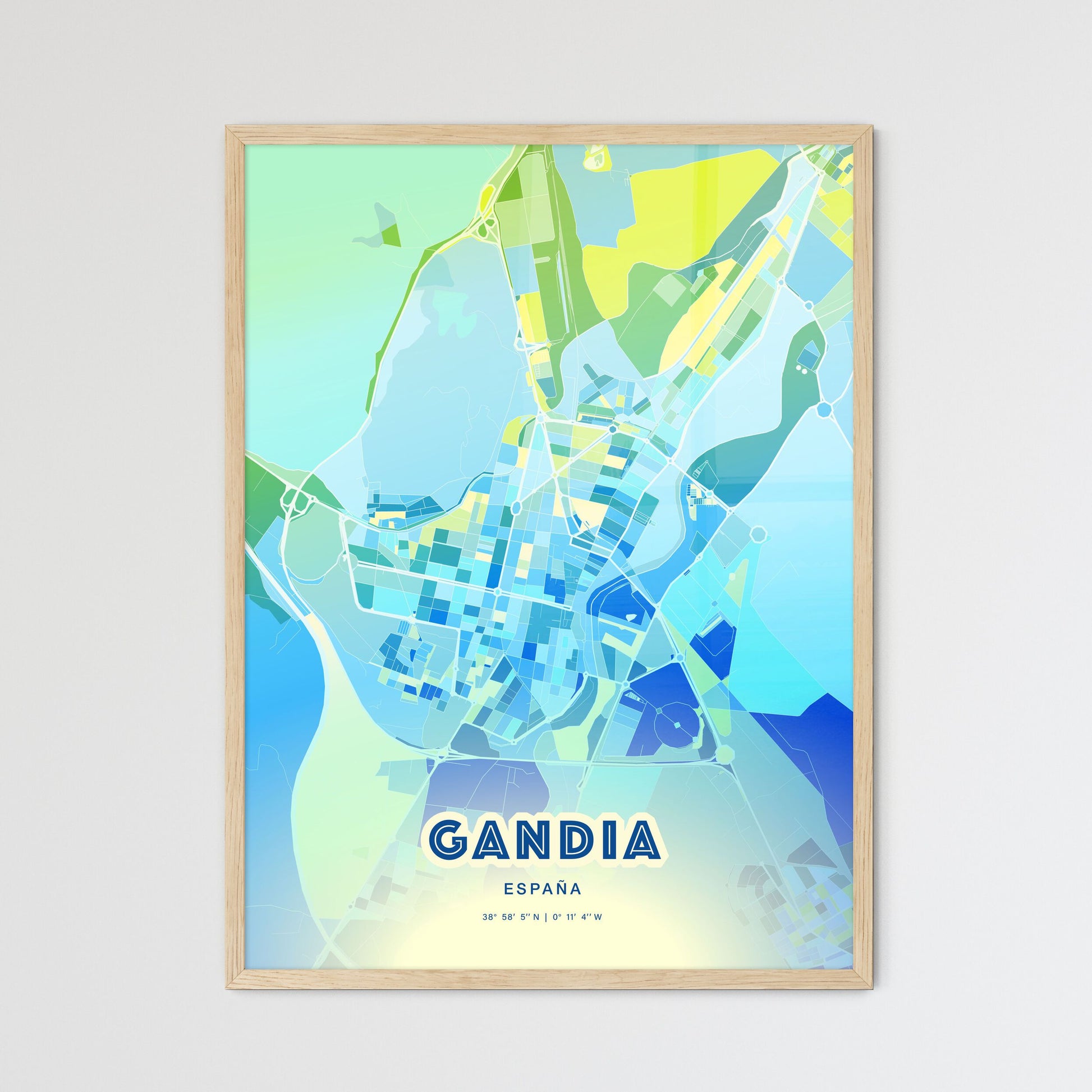 Colorful GANDIA SPAIN Fine Art Map Cool Blue