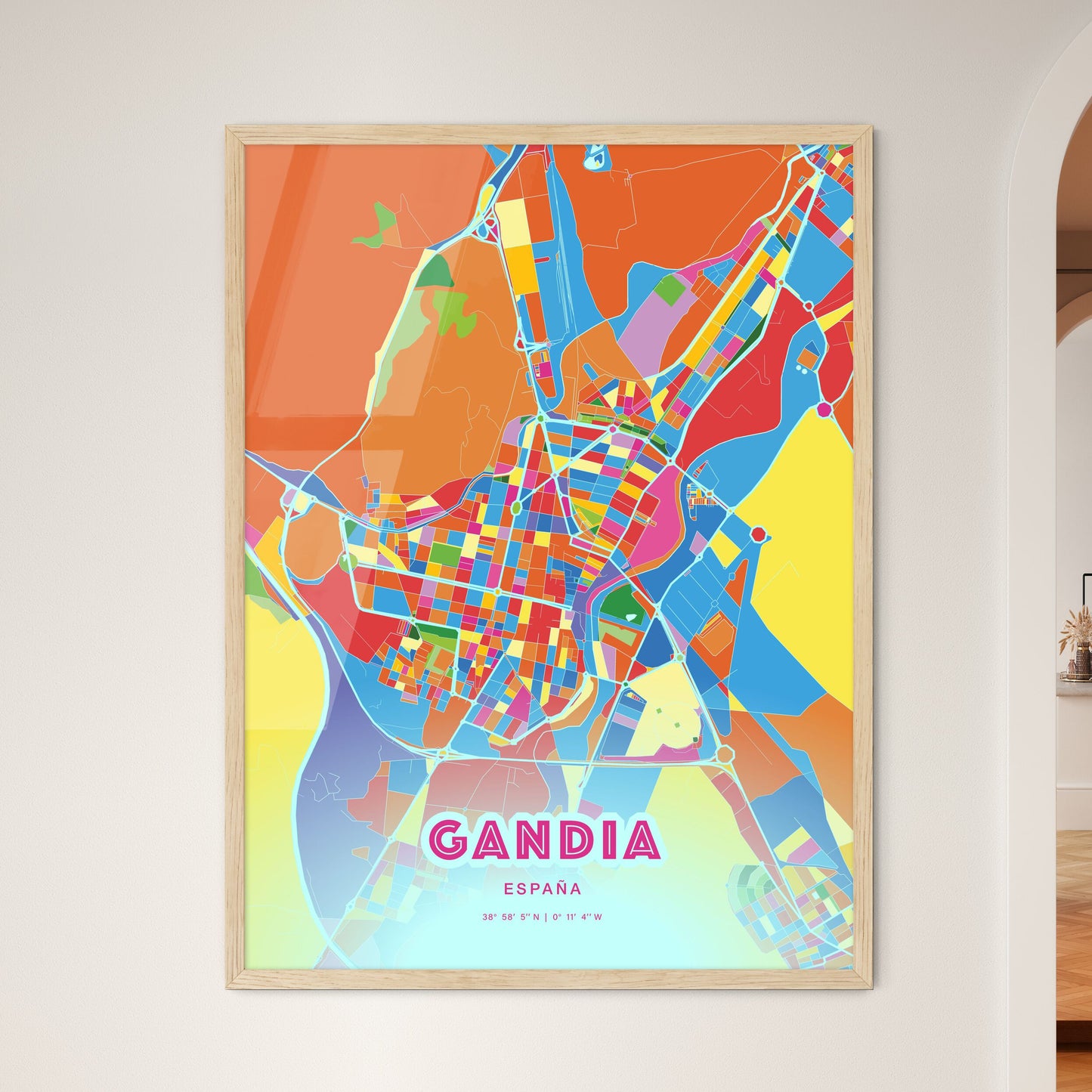 Colorful GANDIA SPAIN Fine Art Map Crazy Colors