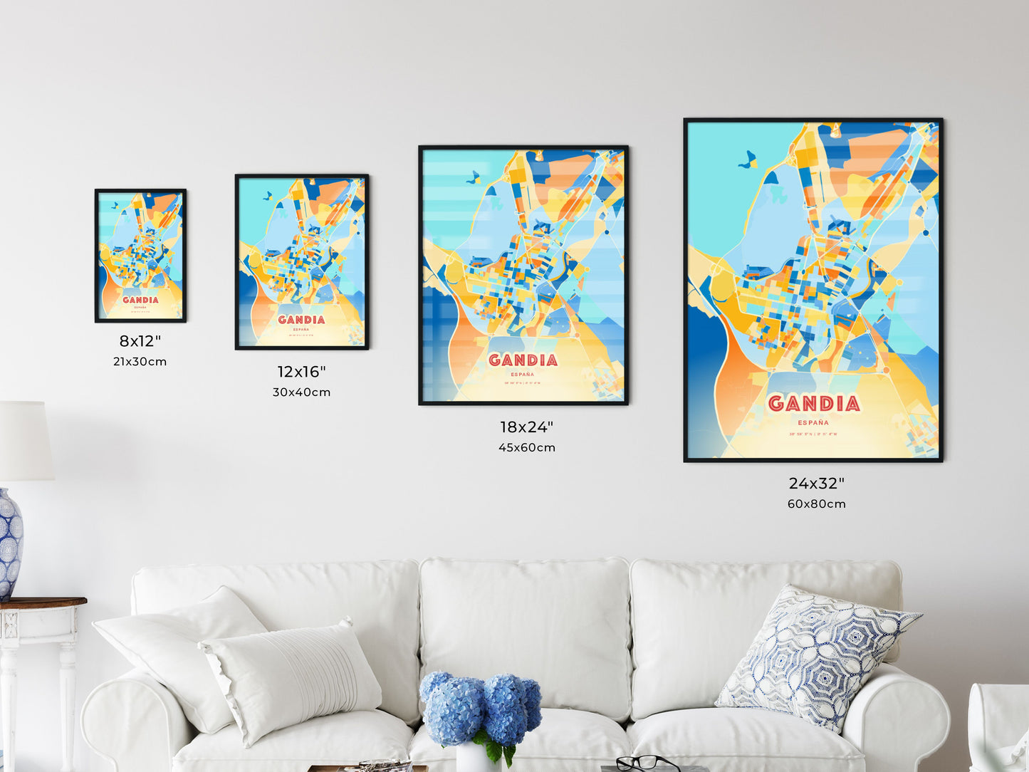 Colorful GANDIA SPAIN Fine Art Map Blue Orange