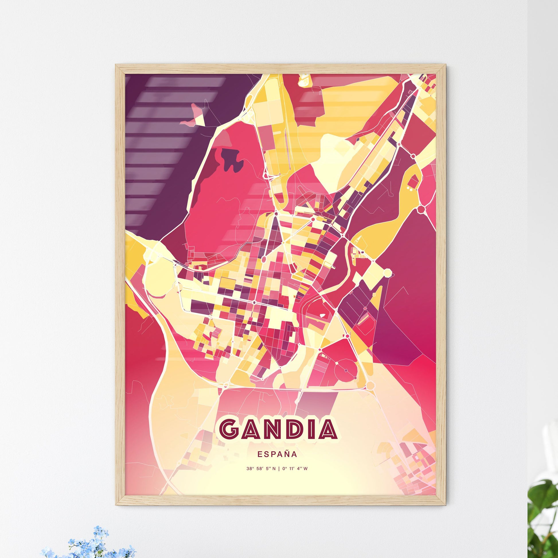 Colorful GANDIA SPAIN Fine Art Map Hot Red