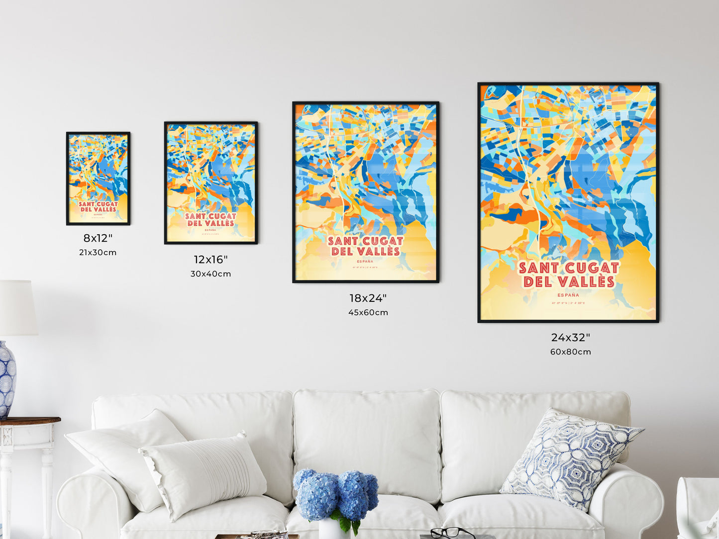 Colorful SANT CUGAT DEL VALLÈS SPAIN Fine Art Map Blue Orange