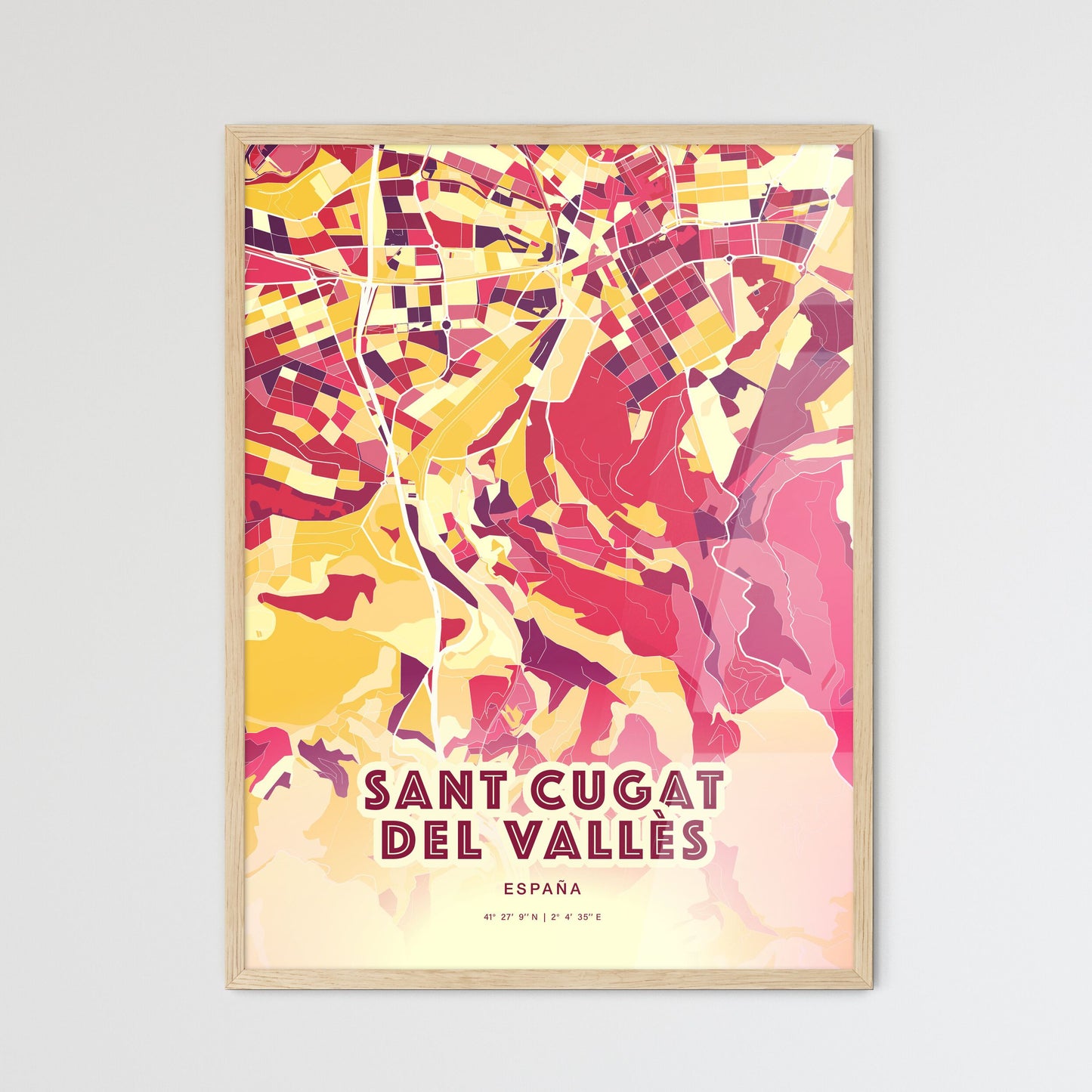 Colorful SANT CUGAT DEL VALLÈS SPAIN Fine Art Map Hot Red