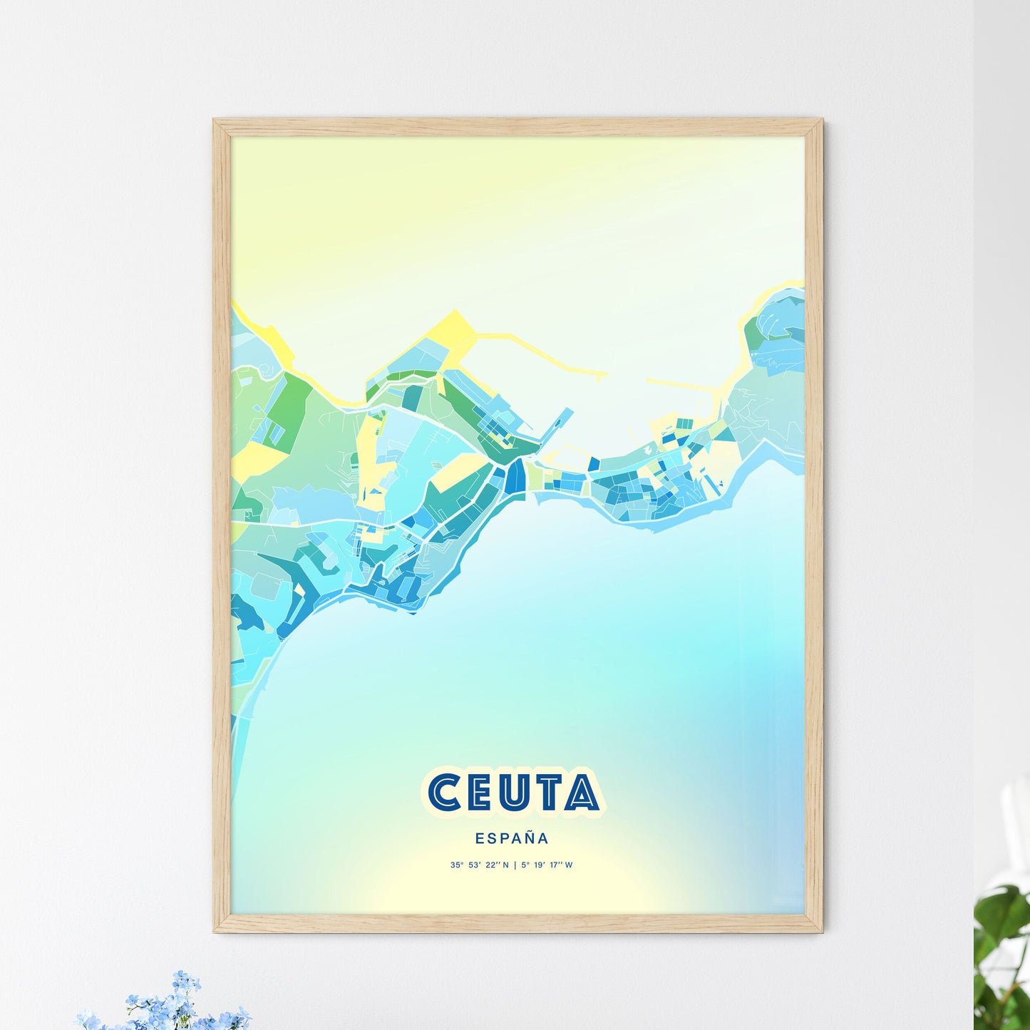 Colorful CEUTA SPAIN Fine Art Map Cool Blue