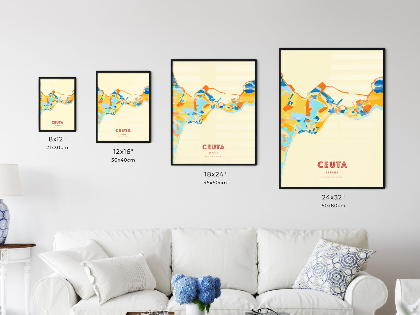 Colorful CEUTA SPAIN Fine Art Map Blue Orange