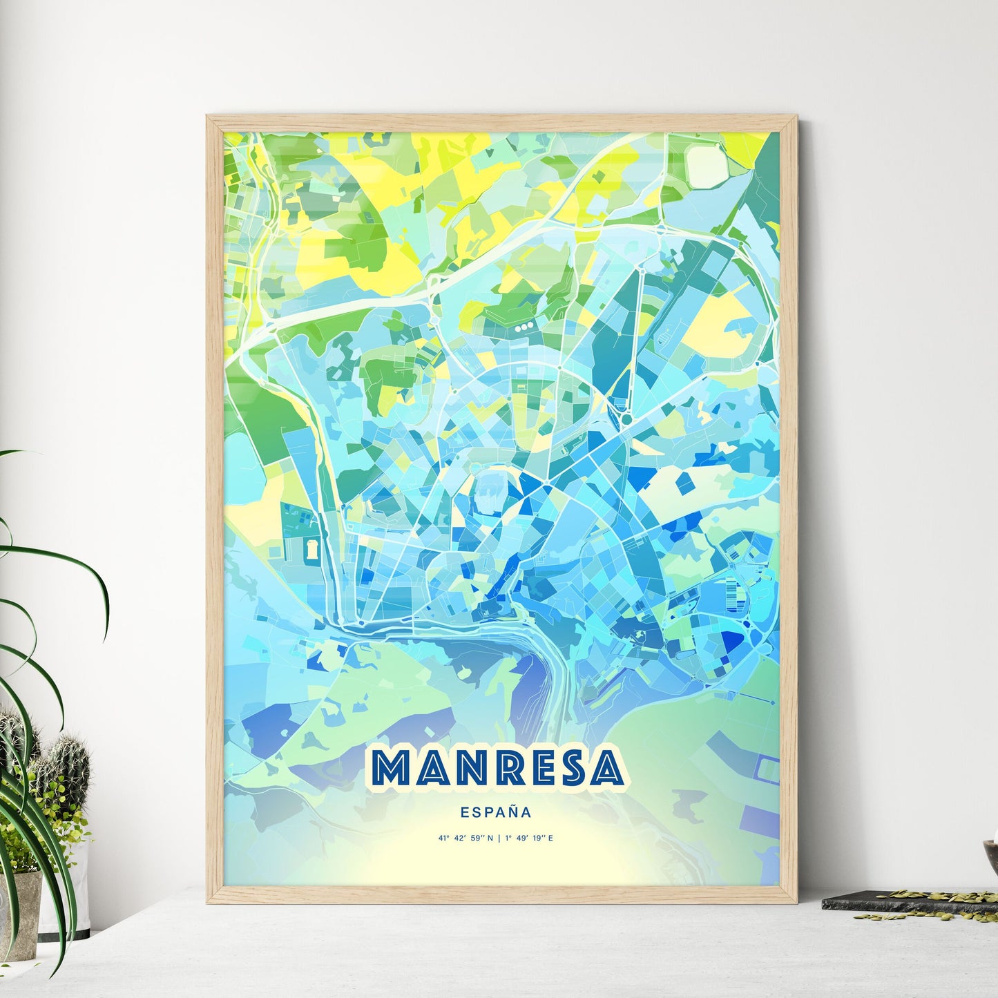 Colorful MANRESA SPAIN Fine Art Map Cool Blue