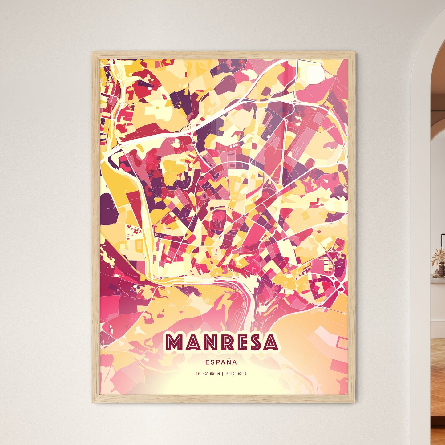 Colorful MANRESA SPAIN Fine Art Map Hot Red