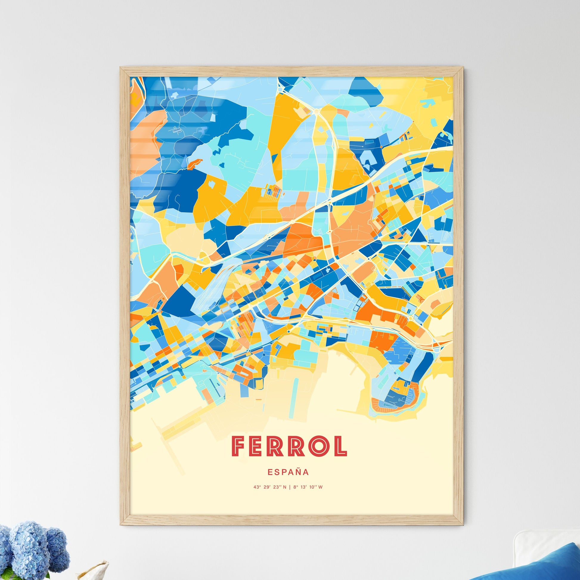 Colorful FERROL SPAIN Fine Art Map Blue Orange